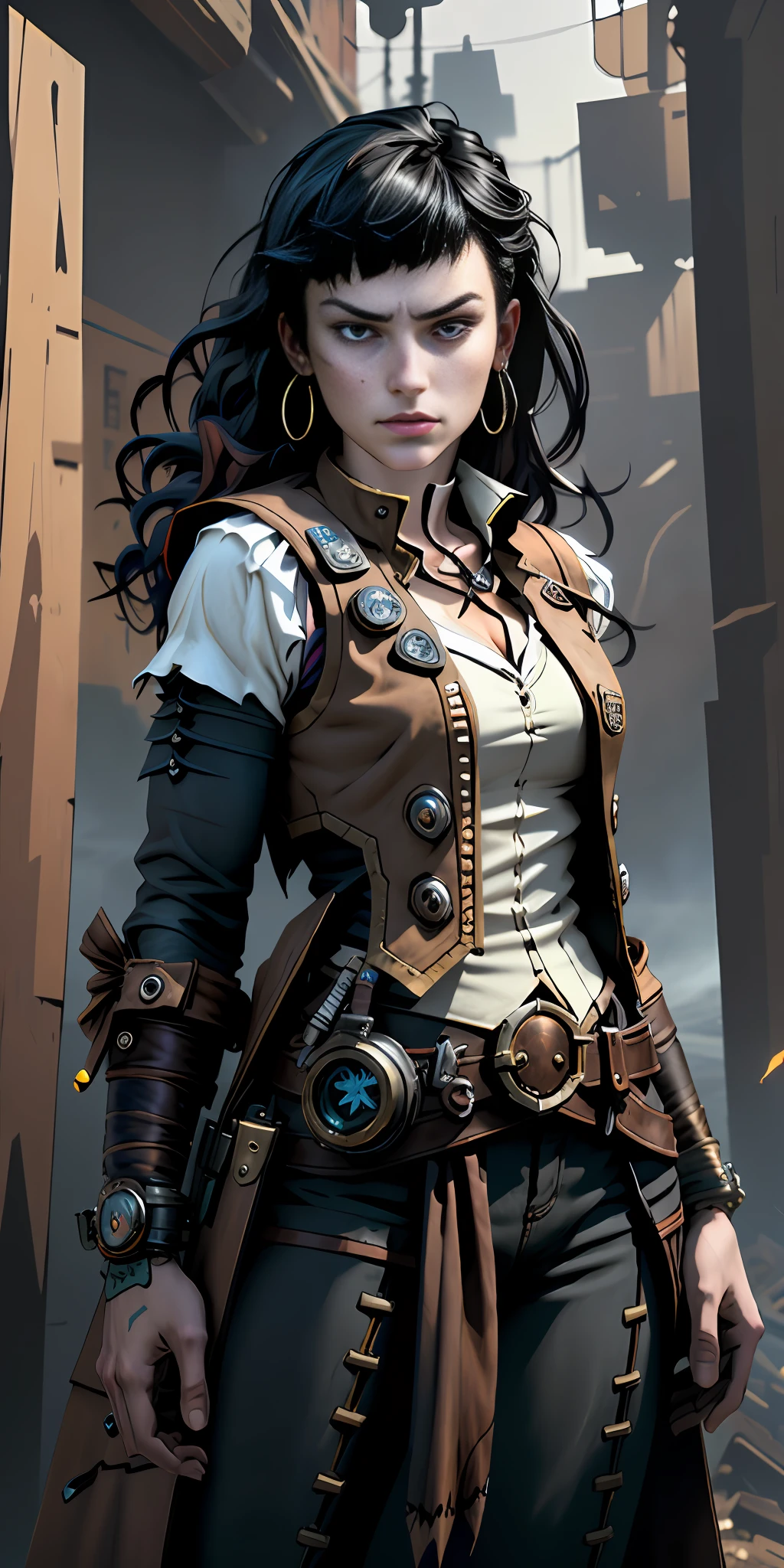 (absurdres, highres, ultra detailed), black woman, sensual female, young, wavy long hair, split-colored hair, heterochromia, bangs, finely detailed eyes and detailed face, model body, extremely detailed CG unit 8k wallpaper, intricate details, (style-rustmagic: 0.8), (medieval cyborg: 0.8), portrait, (bloody wounds:0.7), looking at the viewer, solo, half shot, detailed background, (steampunk theme:1.1) determined expression,  technomancer dark couds, floating lights, colorful leather vest with gears, techwear, jetpack, workshop in the background, machines, gears, steam, industry, technology, oven, dirt, anvil, buttons, levers, automaton, electricity, electric sparks epic atmosphere,, portrait