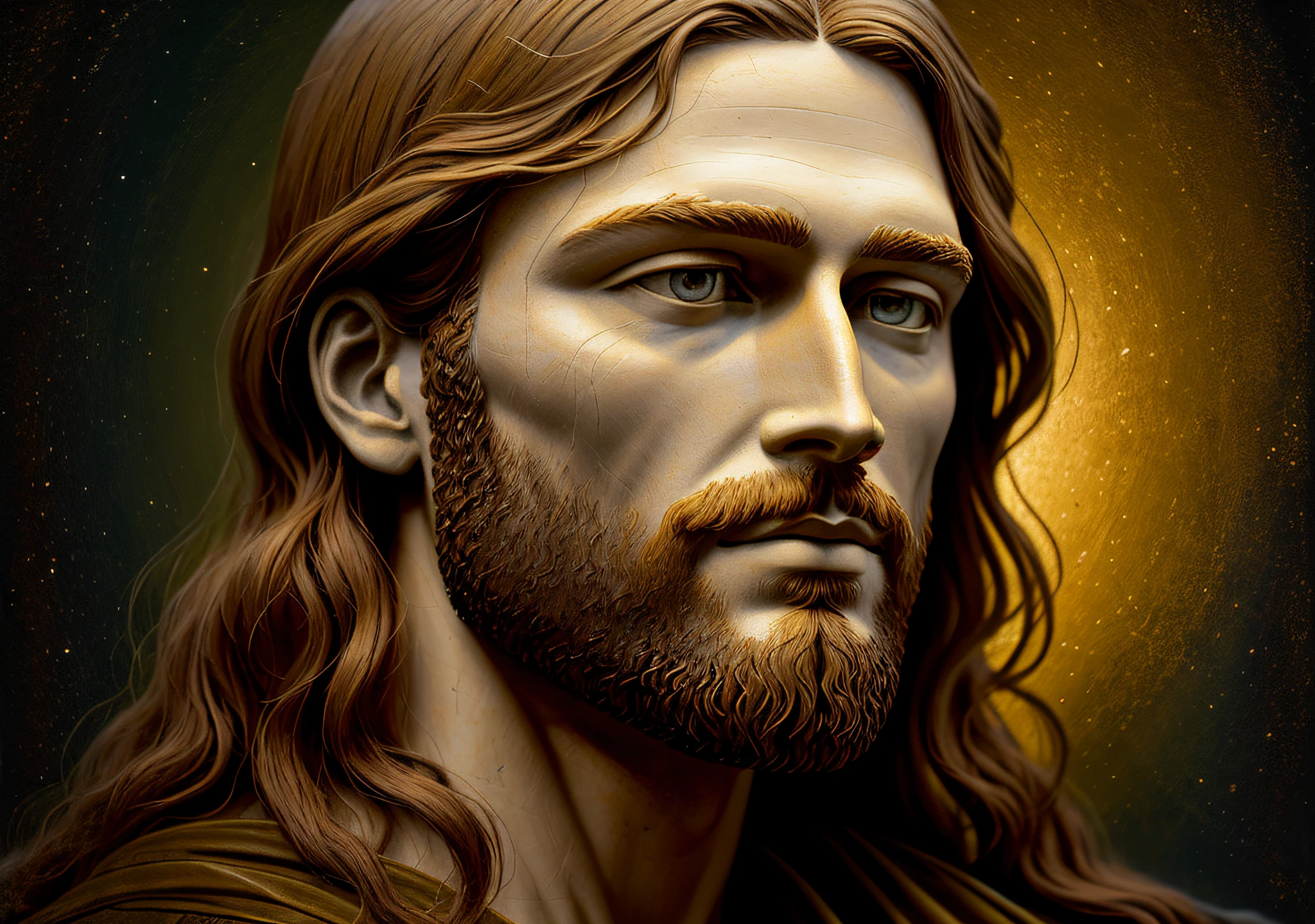 (Jesus Christ made of clay:0.9), (In the style of Arthur Hughes:1.2), heavy impasto, volumetric lighting, detailed, intricate, detailed face, 85mm,
