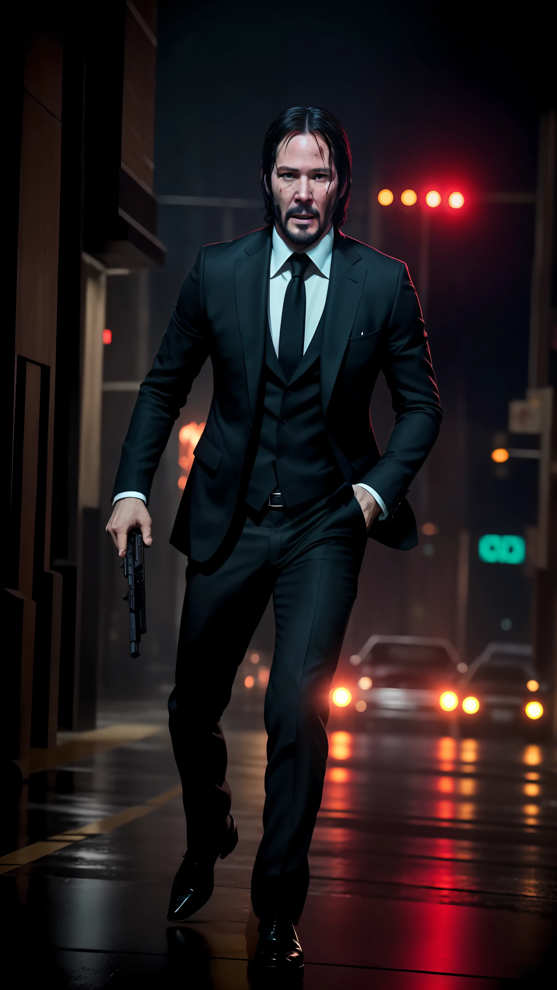 John wick , running at the rain, fight scene shot gun, gun flare is burn, cinematic style