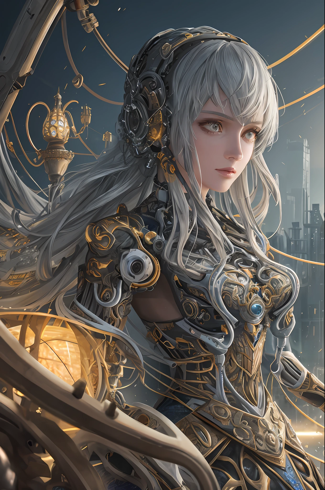 1mechanical girl,((ultra realistic details)), portrait, global illumination, shadows, octane render, 8k, ultra sharp,metal,intricate, ornaments detailed, cold colors, egypician detail, highly intricate details, realistic light, trending on cgsociety, glowing eyes, facing camera, neon details, machanical limbs,blood vessels connected to tubes,mechanical vertebra attaching to back,mechanical cervial attaching to neck,sitting,wires and cables connecting to head