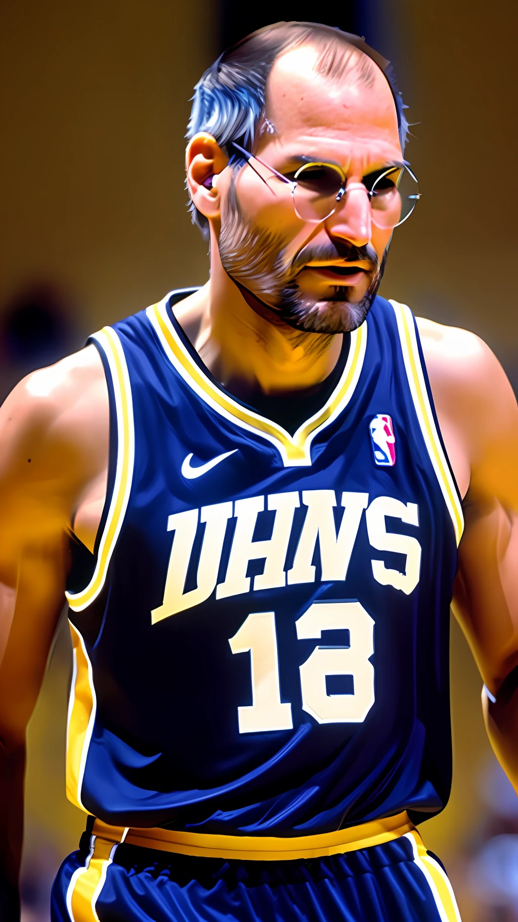 Steve Jobs wearing a basketball uniform, making an NBA-style dunk play, on a basketball court, with an audience, lighting, ultra realistic, with a lot of vivid color, with lots of details. --auto --s2