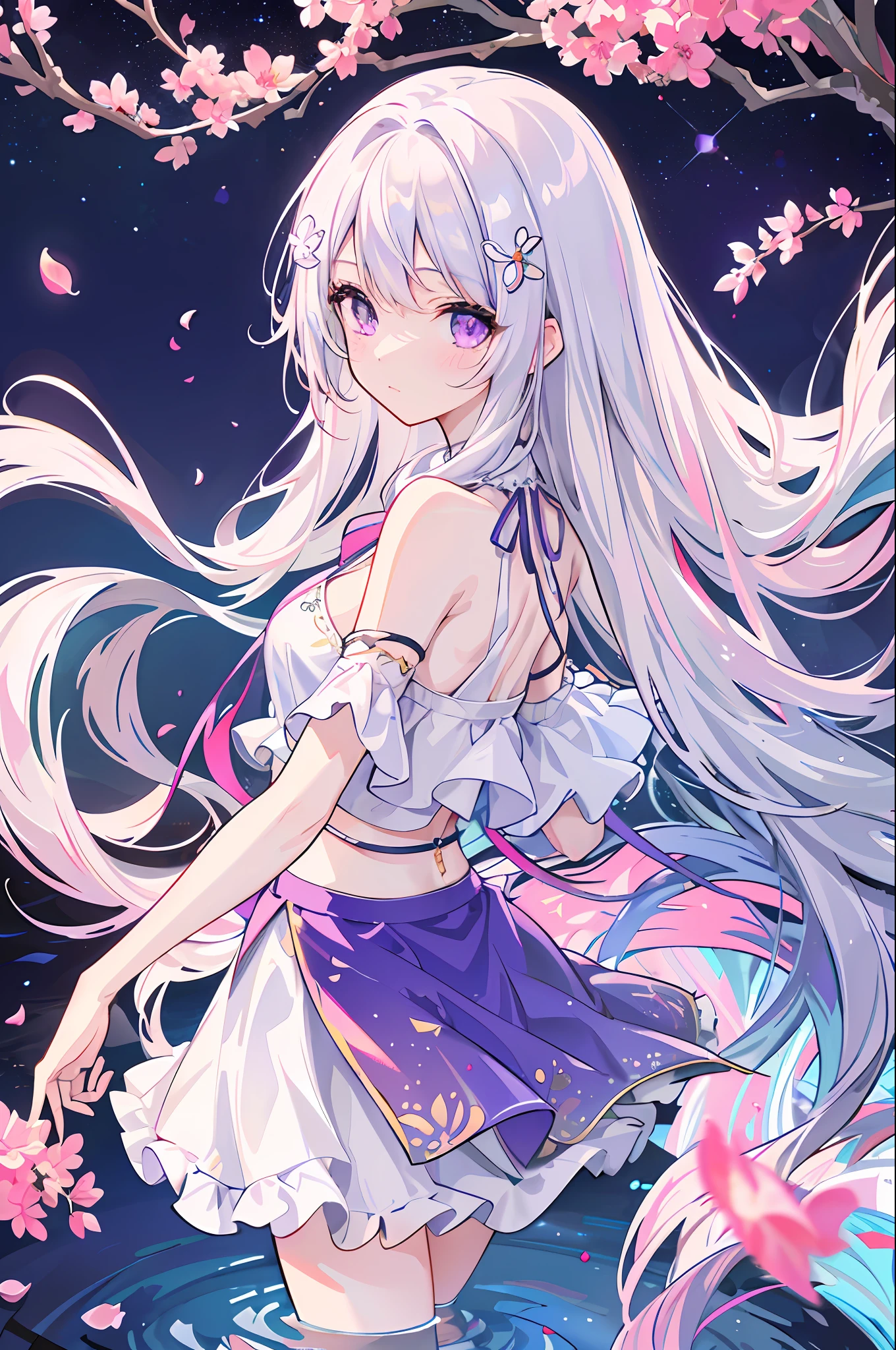 (Highest picture quality), (Master's work),(Detailed eyes description),(Detailed face description)(back view), 1girl,purple eyes, white hair,(very long hair),very long hair (floating in the wind), back-view, looking back, hair ornament, flower hair ornament, ribbon, crop top, white skirt, soaked shirt, water shirt, garter belt, slight exposed navel, visible shoulders, blush, pond, petals (lens flare), walking on pond, water reflection, pond, cleavage, medium breast, aurora sky, night sky, galaxy sky, horizon, mountains, forest, moon, (cover-style:1.3), fashionable, woman, vibrant, swimwear outfit, posing, front, colorful, dynamic, background, elements, shy, expression, holding, statement, accessory, majestic, coiled, around, touch, scene, attention-grabbing, catchy, modern, trendy, focus, fashion, realistic lighting, extreme blushing