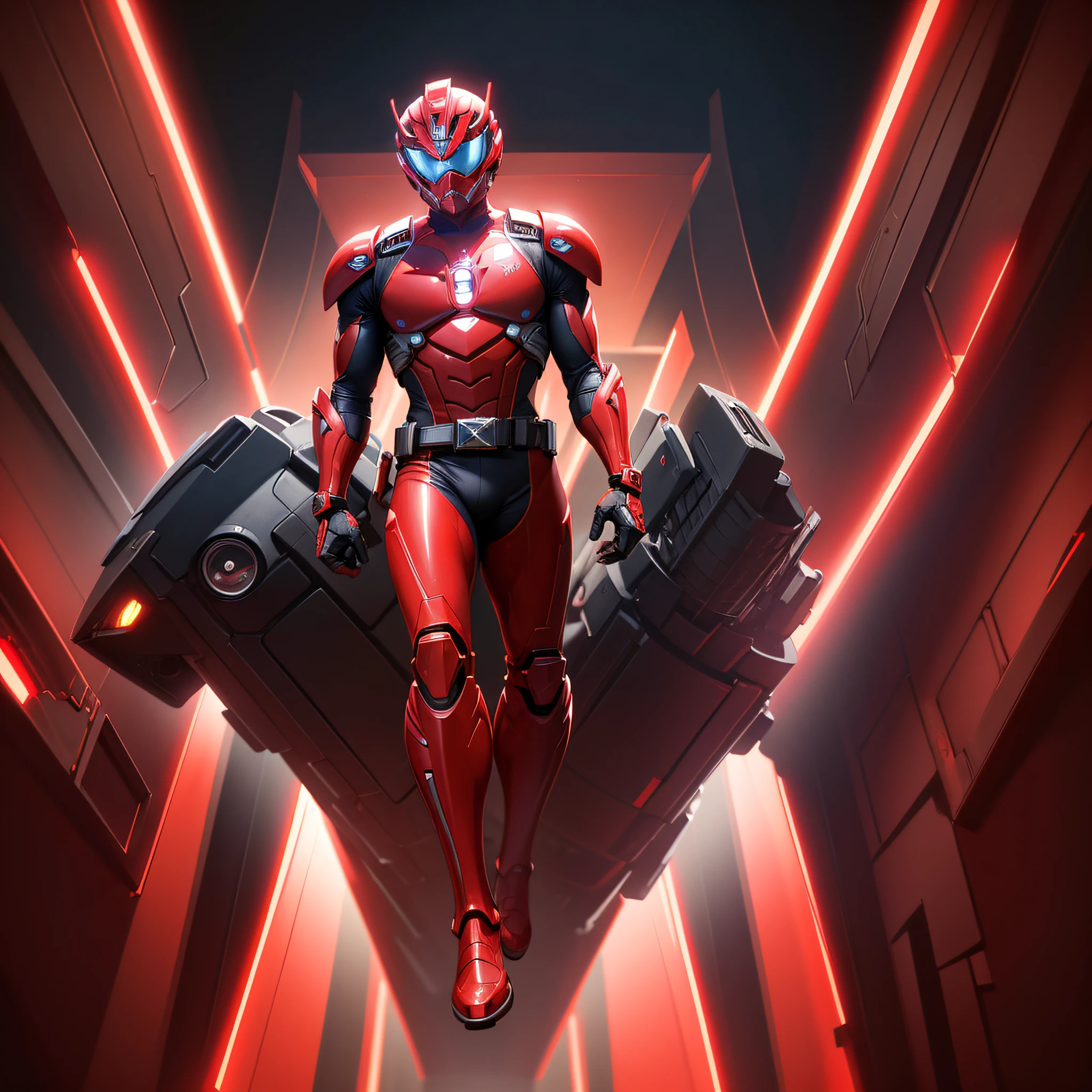 photo realistic of Red Power Ranger, tron, cyber neon belt, circuits, full body tech armor, ornate helmet, red goggles, covered face, centered in frame, full body camera, symmetrical face, ideal human, 85mm lens, f8, photography, ultra details, natural light, light background, photo, Studio lighting