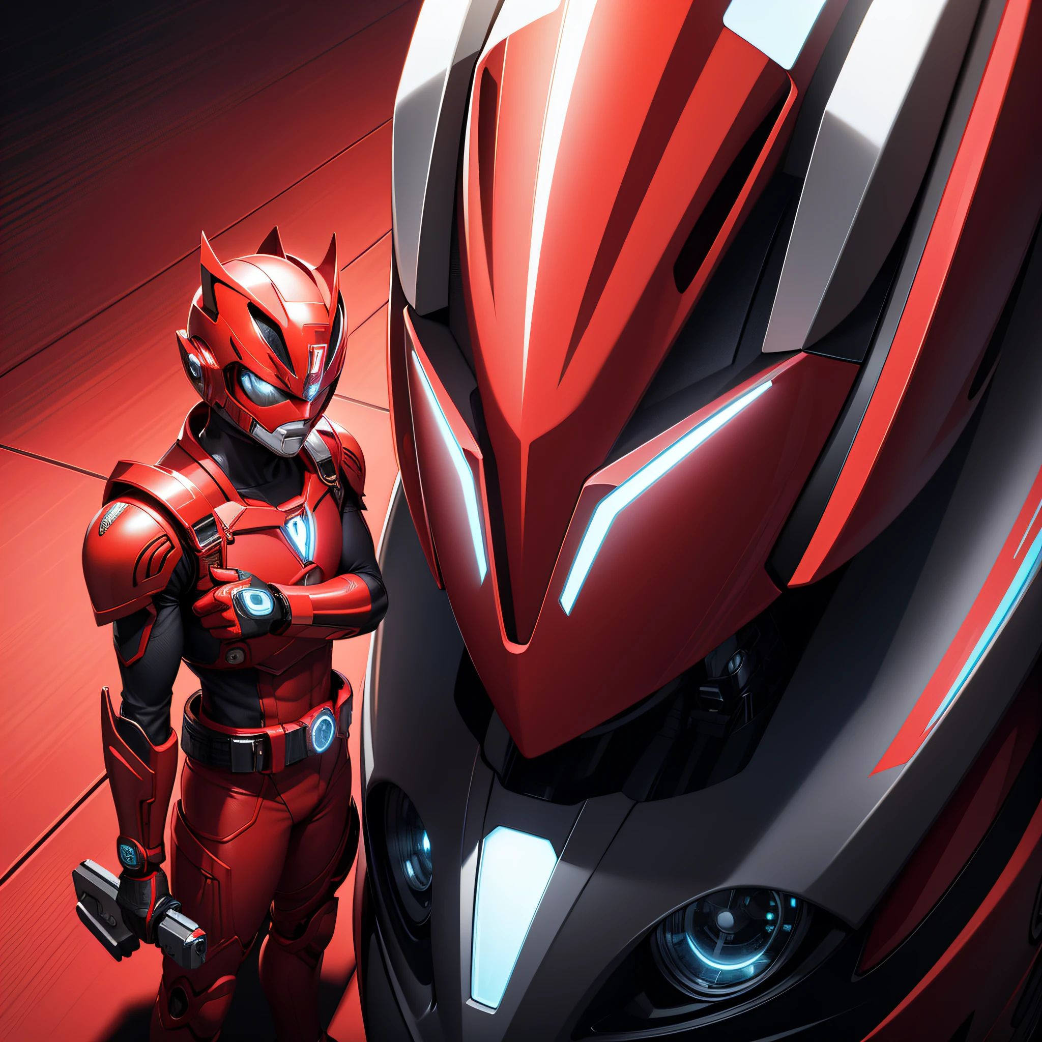 photo realistic of Red Power Ranger, tron, cyber neon belt, circuits, full body tech armor, ornate helmet, red goggles, covered face, centered in frame, full body camera, symmetrical face, ideal human, 85mm lens, f8, photography, ultra details, natural light, light background, photo, Studio lighting