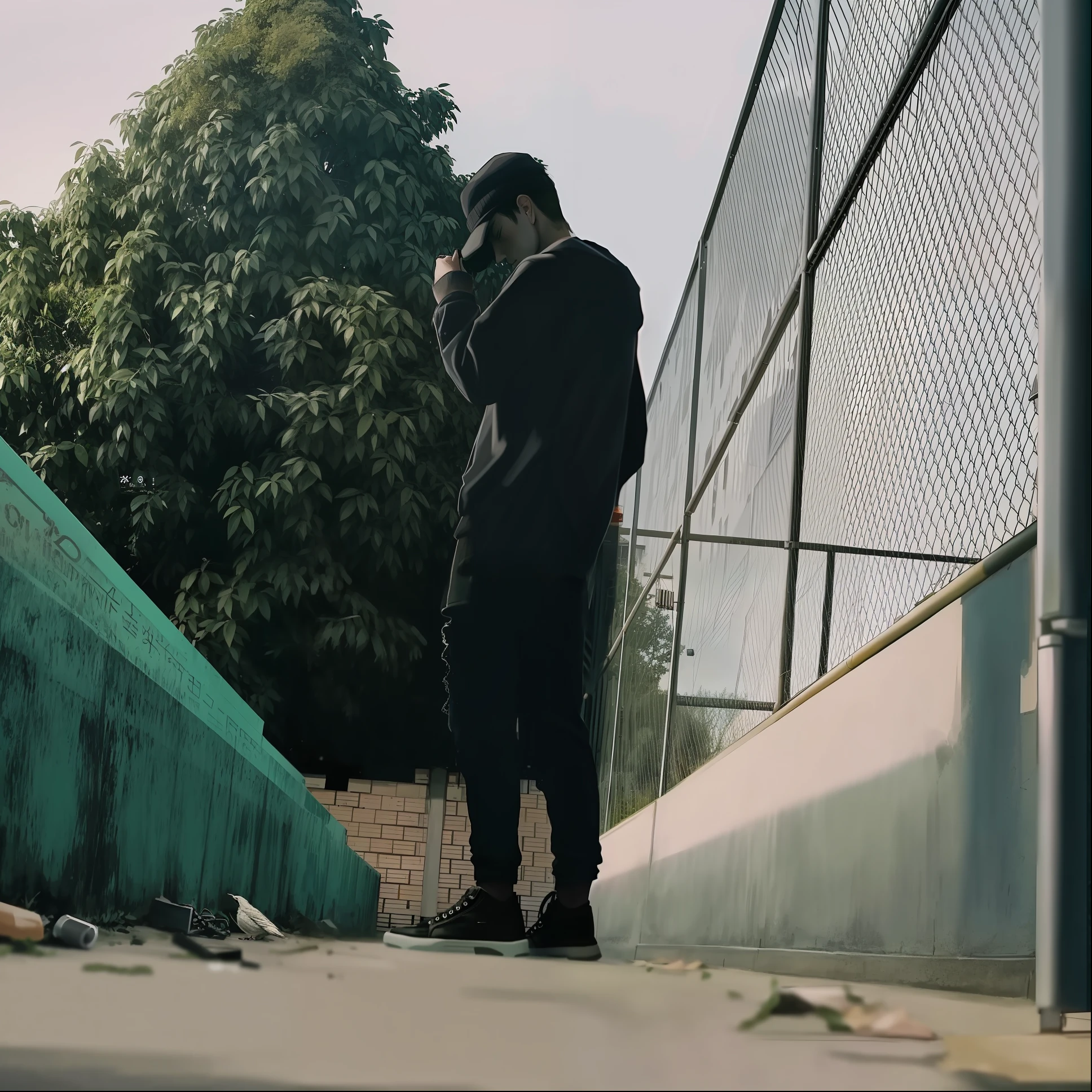 there is a man standing on a sidewalk talking on a cell phone, low quality footage, still from a music video, grainy footage, cinematic low shot, low quality video, grainy low quality, cinematic shot ar 9:16 -n 6 -g, youtube video screenshot, music video, sitting on the ground, distant - mid - shot, faded