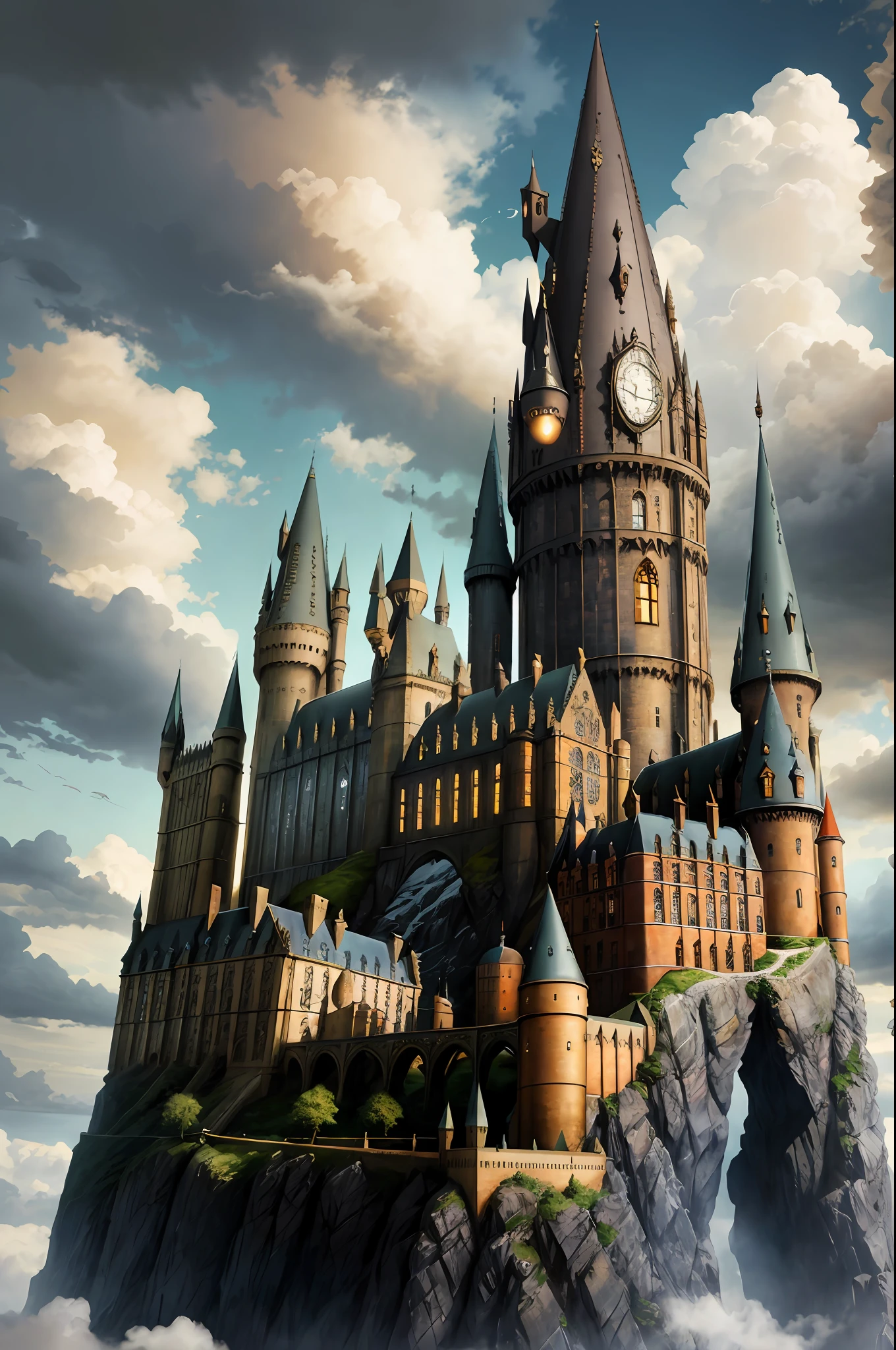 hogwarts, uk, dreamlikeart absurdres highres masterpiece best quality alois arnegger antoine blanchard city castle forest sea sky clouds