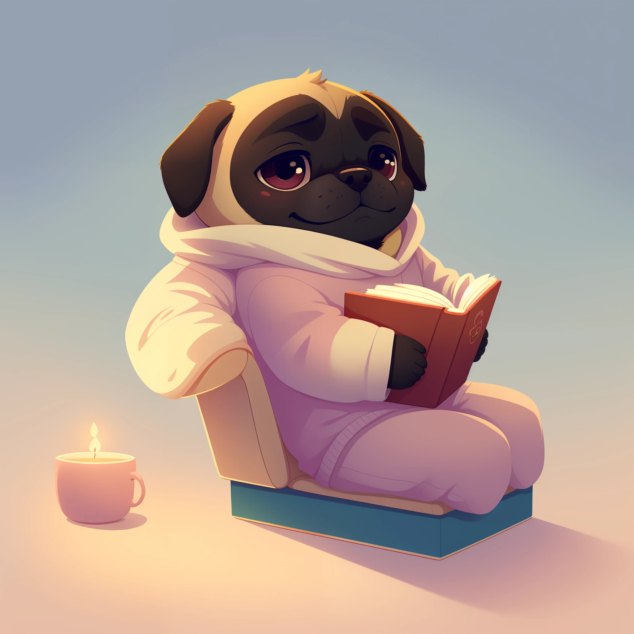 /imagine prompt: "A scene of a cuddly humanoid pug reading a book," an image created to delight and amuse children, with an adorable and cozy design. The atmosphere is cozy and quiet, with a sense of calm and serenity around the scene. The camera is focused on the cute humanoid pug, with an illustration style that highlights his cute character. The artistic medium is illustration, with a focus on creating a simple, easy-to-understand drawing. The techniques used include soft lines and pastel colors to create a sense of comfort and tranquility. The color palette is dominated by shades of pink, light blue, pastel yellow, and water-green. The cuddly humanoid pug is sitting in a comfortable chair, reading a book on a little table next to it. He has soft hair and a friendly appearance, with large ears and an expression of concentration when reading. The book he is reading is colorful and has beautiful illustrations, which capture the imagination of the cuddly humanoid pug. The scene is charming and inspiring, with a sense of tranquility and curiosity that is sure to please children. —C 10