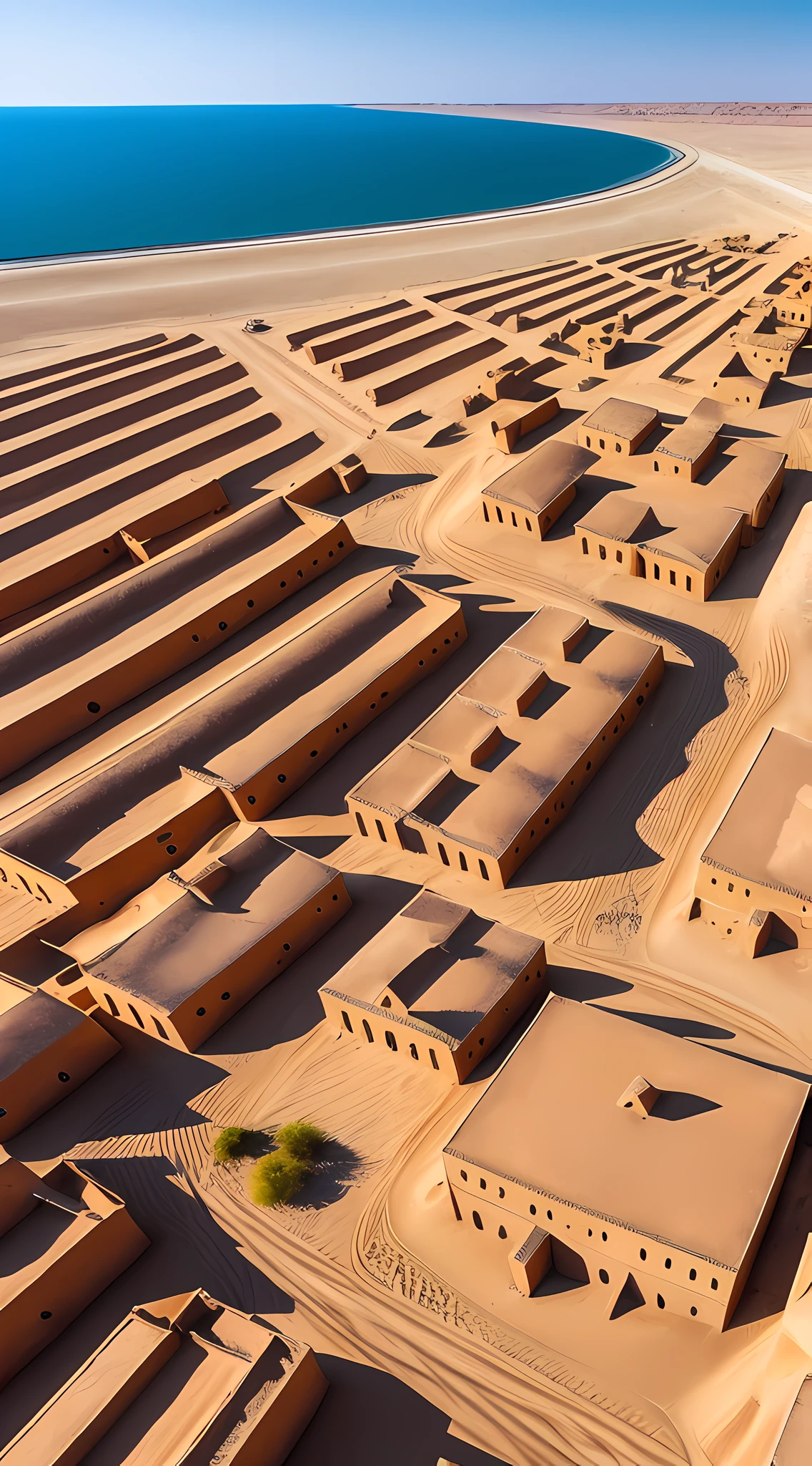Generate a high-resolution (8K) image that captures the ghost town of Kolmanskop in its entirety using aerial angles. Use artificial intelligence techniques to recreate the city with perfect detail and impeccable geometries. Add characters with perfect bodies and faces, dressed in period clothes, exploring the sand-covered streets. Convey the sense of mystery and abandonment through a comprehensive and engaging perspective --auto --s2