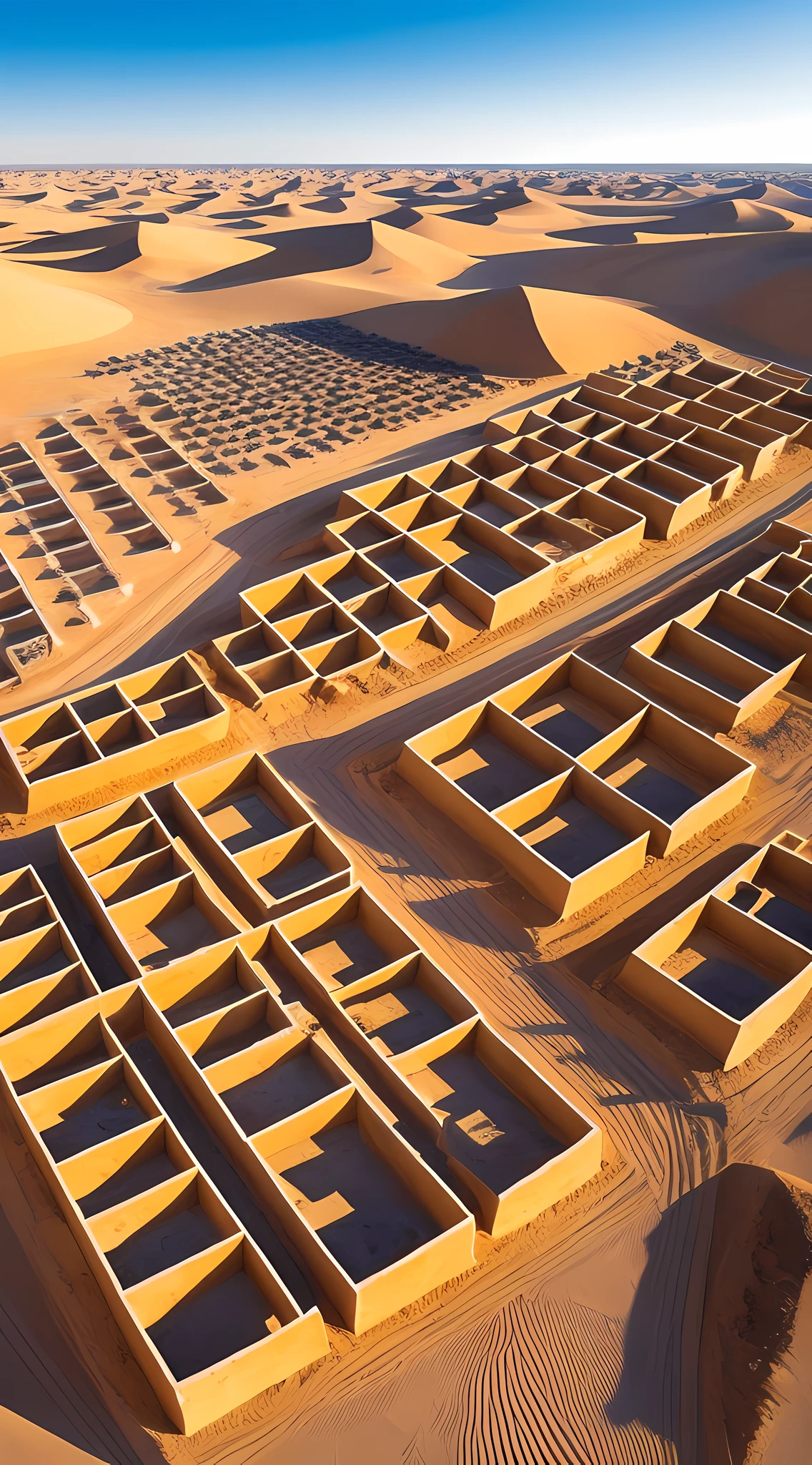 Generate a high-resolution (8K) image that captures the ghost town of Kolmanskop in its entirety using aerial angles. Use artificial intelligence techniques to recreate the city with perfect detail and impeccable geometries. Add characters with perfect bodies and faces, dressed in period clothes, exploring the sand-covered streets. Convey the sense of mystery and abandonment through a comprehensive and engaging perspective --auto --s2
