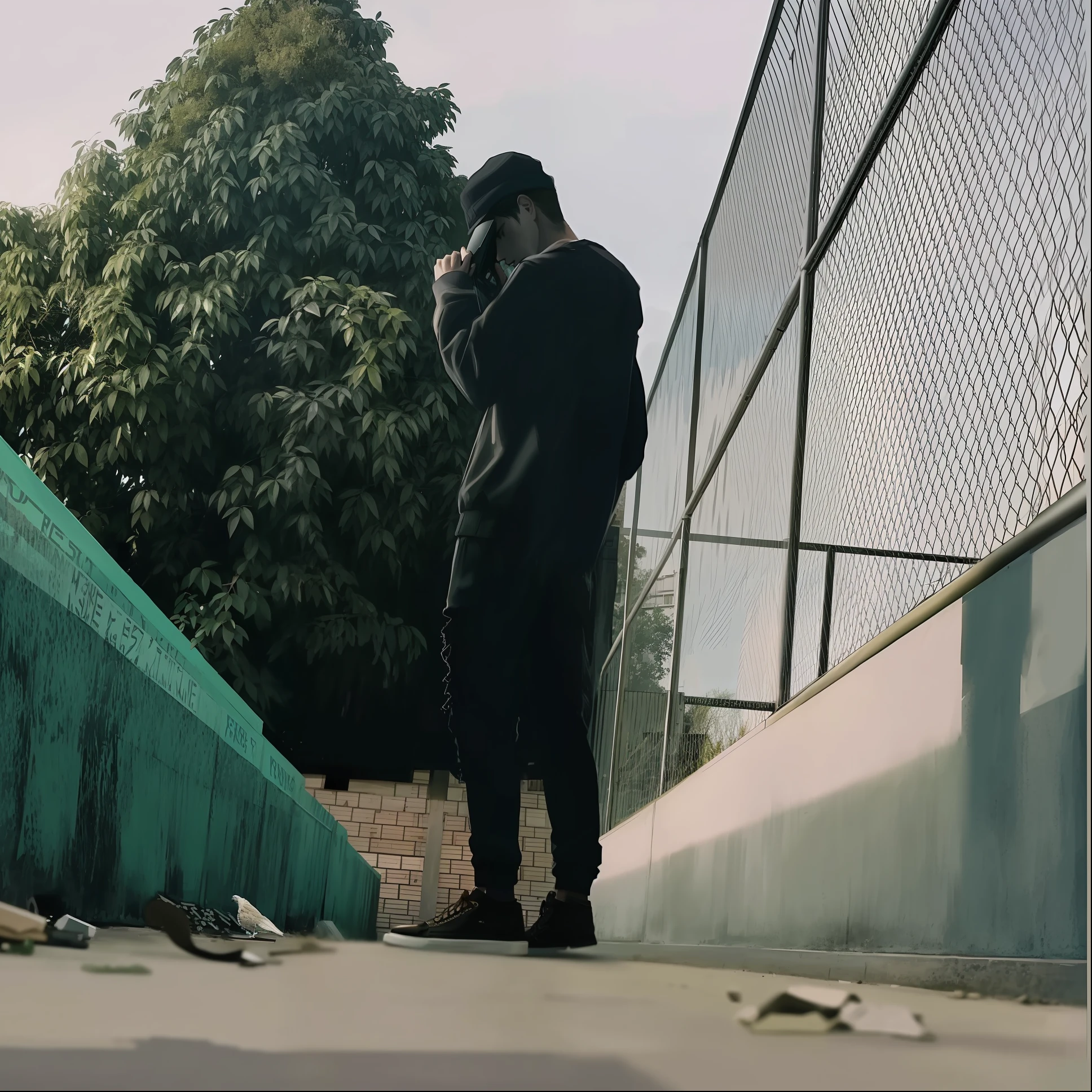 there is a man standing on a sidewalk talking on a cell phone, low quality footage, still from a music video, grainy footage, cinematic low shot, low quality video, grainy low quality, cinematic shot ar 9:16 -n 6 -g, youtube video screenshot, music video, sitting on the ground, distant - mid - shot, faded