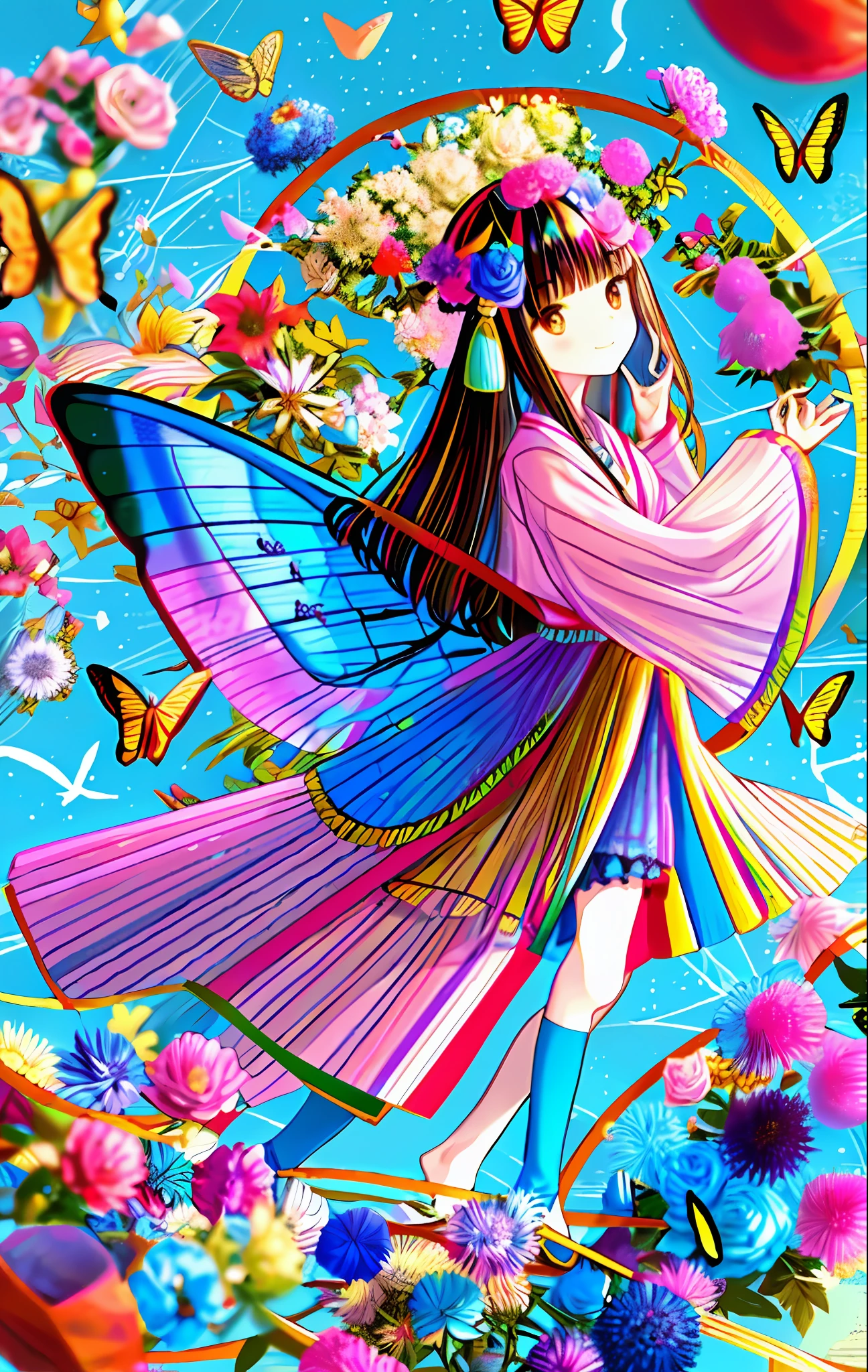 1girl, aircraft, airplane, animal, animal_on_head, bangs, bee, beetle, bird, bird_on_hand, bird_on_head, bird_on_shoulder, birdcage, blue_butterfly, blue_flower, blue_rose, blue_wings, blunt_bangs, blurry, brown_eyes, brown_hair, bug, butterfly, butterfly_hair_ornament, butterfly_net, butterfly_on_hand, butterfly_print, butterfly_wings, cage, chinese_clothes, closed_mouth, colorful, day, deer, dragonfly, eyebrows_visible_through_hair, fairy, flock, flower, folding_fan, frills, ginkgo_leaf, glowing_butterfly, hair_flower, hair_ornament, hand_net, holding, holding_umbrella, hydrangea, insect_wings, kashiwazaki_sena, long_hair, long_sleeves, looking_at_animal, looking_at_viewer, oil-paper_umbrella, on_head, origami, paper_crane, pink_flower, pink_rose, pinwheel, purple_flower, purple_rose, rainbow_order, red_flower, red_rose, rose, smile, solo, sparrow, spider, spring_\(season\), squiggle, tree, umbrella, very_long_hair, white_butterfly, wide_sleeves, wisteria, yellow_butterfly, yellow_flower
