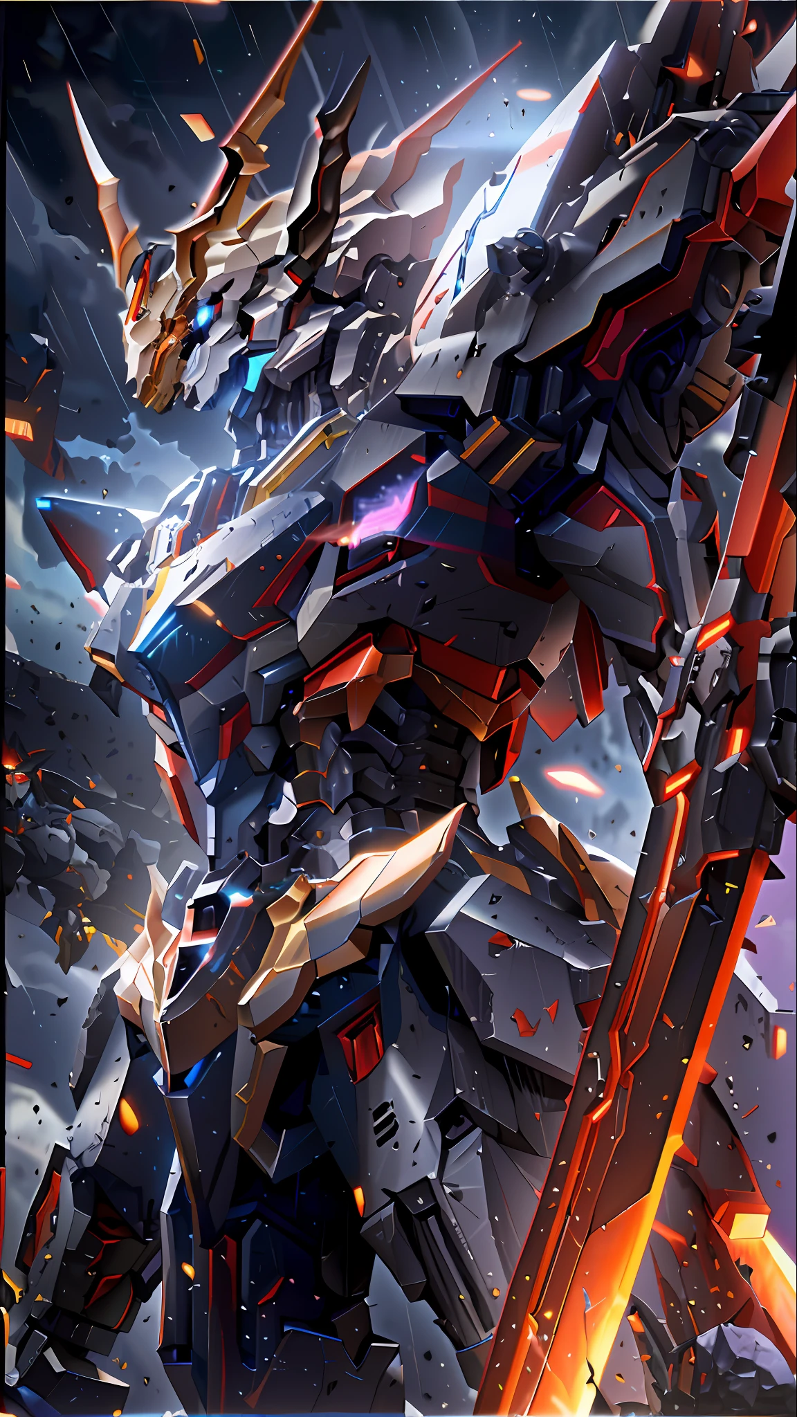 Alafard image of futuristic robot with giant sword, mecha art, 4K highly detailed digital art, cool mecha style, armored core style mecha, high detail official artwork, mecha inspiration, 4K detailed digital art, Alexander Ferra mecha, well-armored mecha dragon, Barbatos mobile suit, anime large mech robot, amethyst mecha
