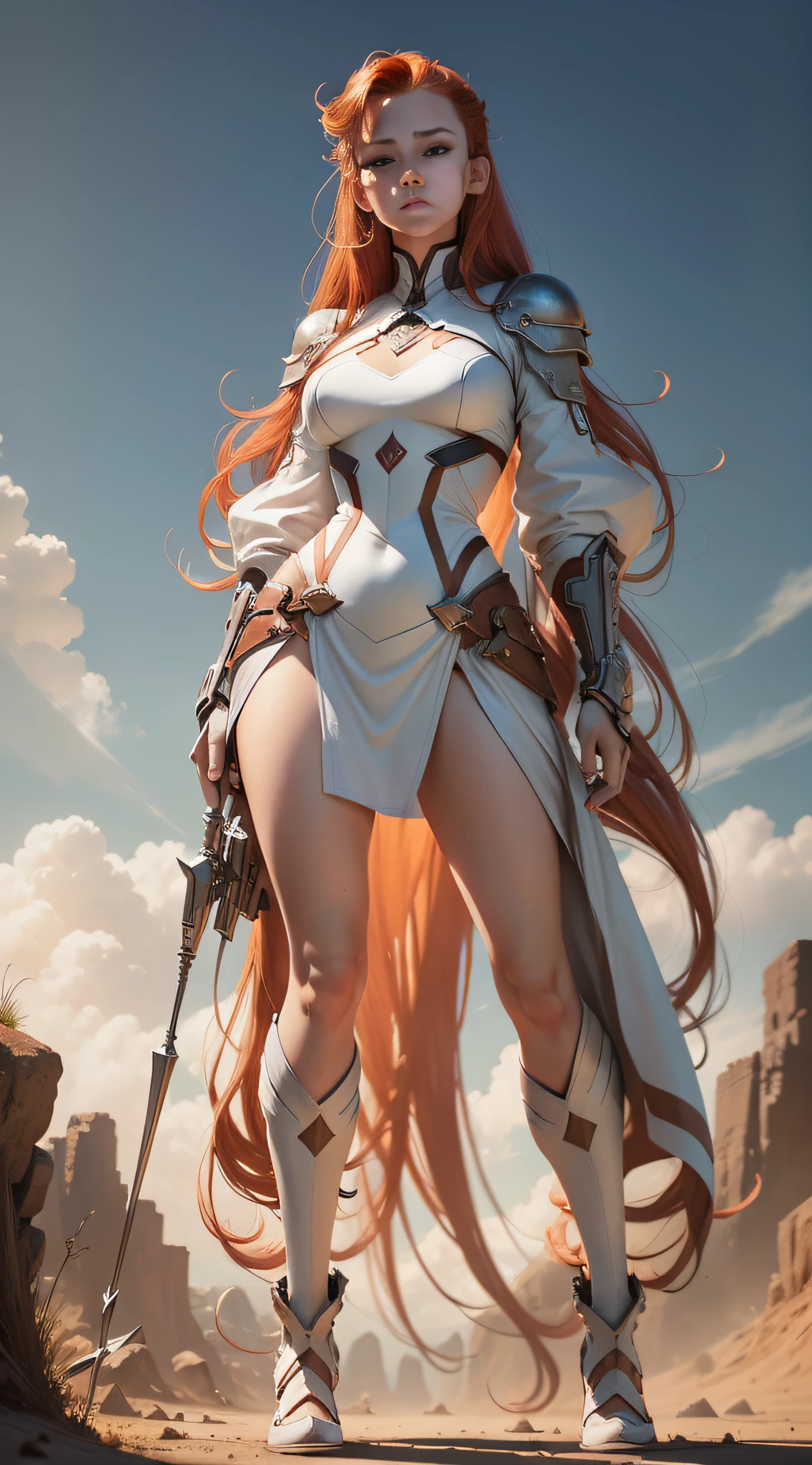 Concept Art, Full Body, Real Person, White Skin, Wisps of Top of Head Angle, Funny Dressing, Crimson Caramel Hair Styling for Long Hair, High Resolution, [(Willie Baumeister's Art: 1.1), (John T. Biggs' Art: 1.2): :17], Official Art, Unity 8k Wallpaper, Ultra Detailed, Aesthetics, Masterpiece, Best Quality, Realistic