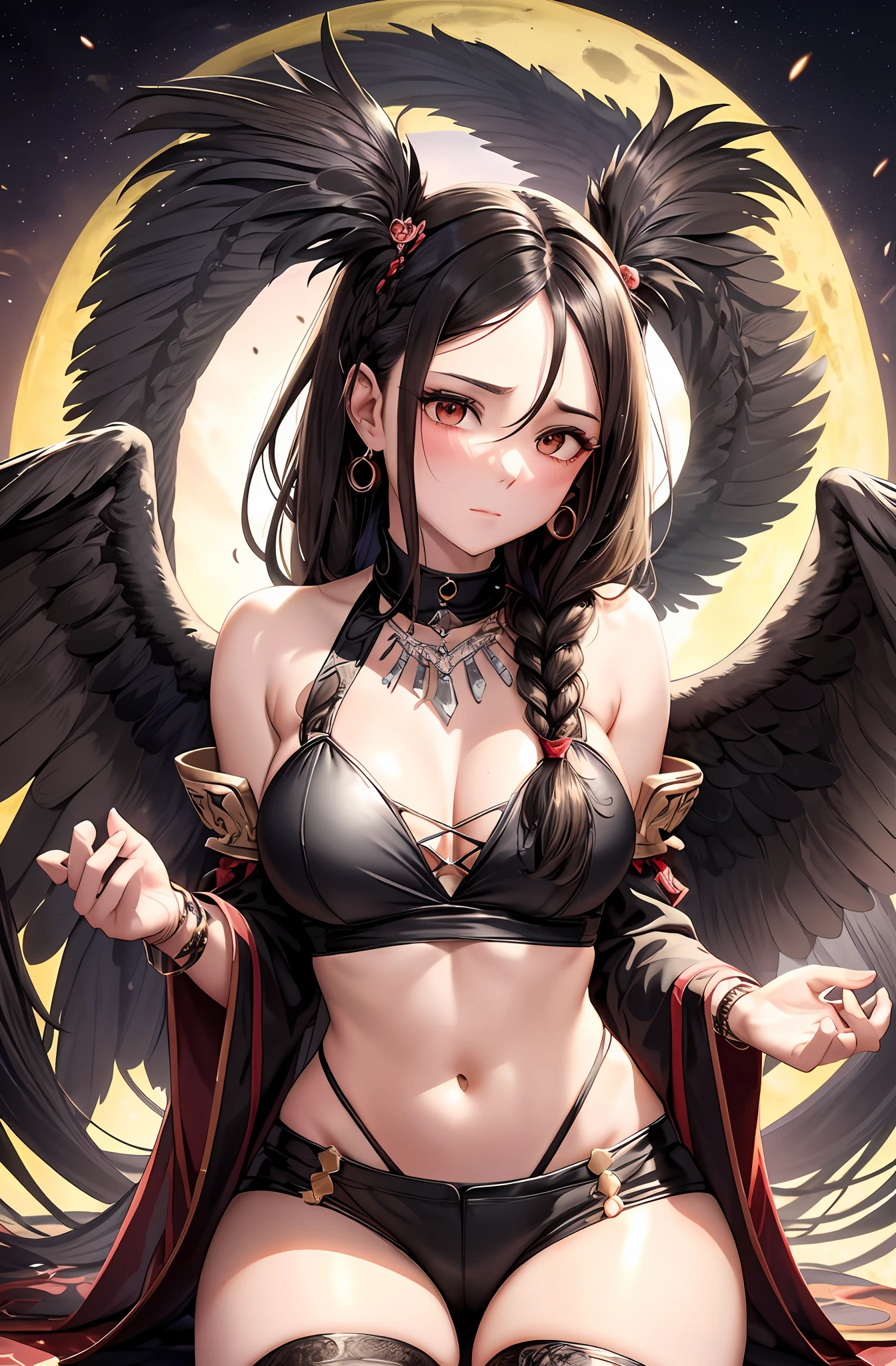 Top quality, ultra high resolution, (photorealistic: 1.4), attractive face. Model face. Braid. Thin. Bikini, beautiful details, brown face. Light brown hair. Brown hair. Big tits. Shorts. Earring. Luxurious necklace. Detail. Vivid? Realistic details. Real. Ability. Competent. On the back large wings. Brown hair in braids, traditional female hairstyle, long braid hair, long dark braid hair, brown hair in braids, black feathers on the back. Black wings. Black plumage. Devil's wings. Moon. Red moon. Navel, Detached sleeves, Bare shoulders, Middle opening, Cleavage, Middle chest, Long feathered hair clip, Hair ornament, Thigh height,, Full body, Look at viewer, break, otherworldly. Black smoke wafting around... Black suspended particles. Black smoke. Black crystals around. Black smoke wafts around. Warping the body. Warping the body. Kneeling. Get on your knees. Close one’s eyes. Close your eyes and kiss. Close your eyes. Close your eyes and kiss. Pressing for a kiss. Kissing face. Embarrassing face. Blush. Kiss embarrassedly.