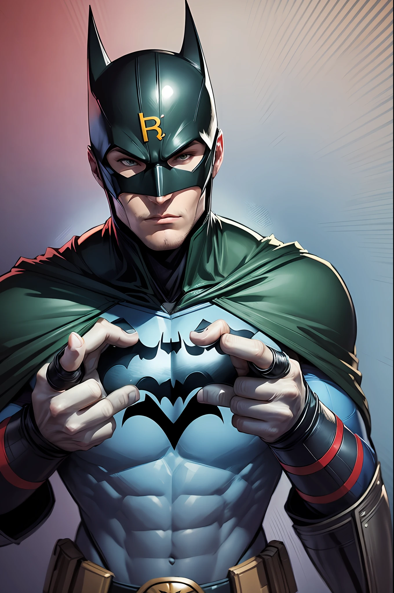 Robin wears the Batman symbol and wears a simple eye-only mask (son of Batman), smart, blue and red DC Comics-style uniform, suspicious, rebellious, martial arts expert, friend of Robin's son of Batman, 64k,