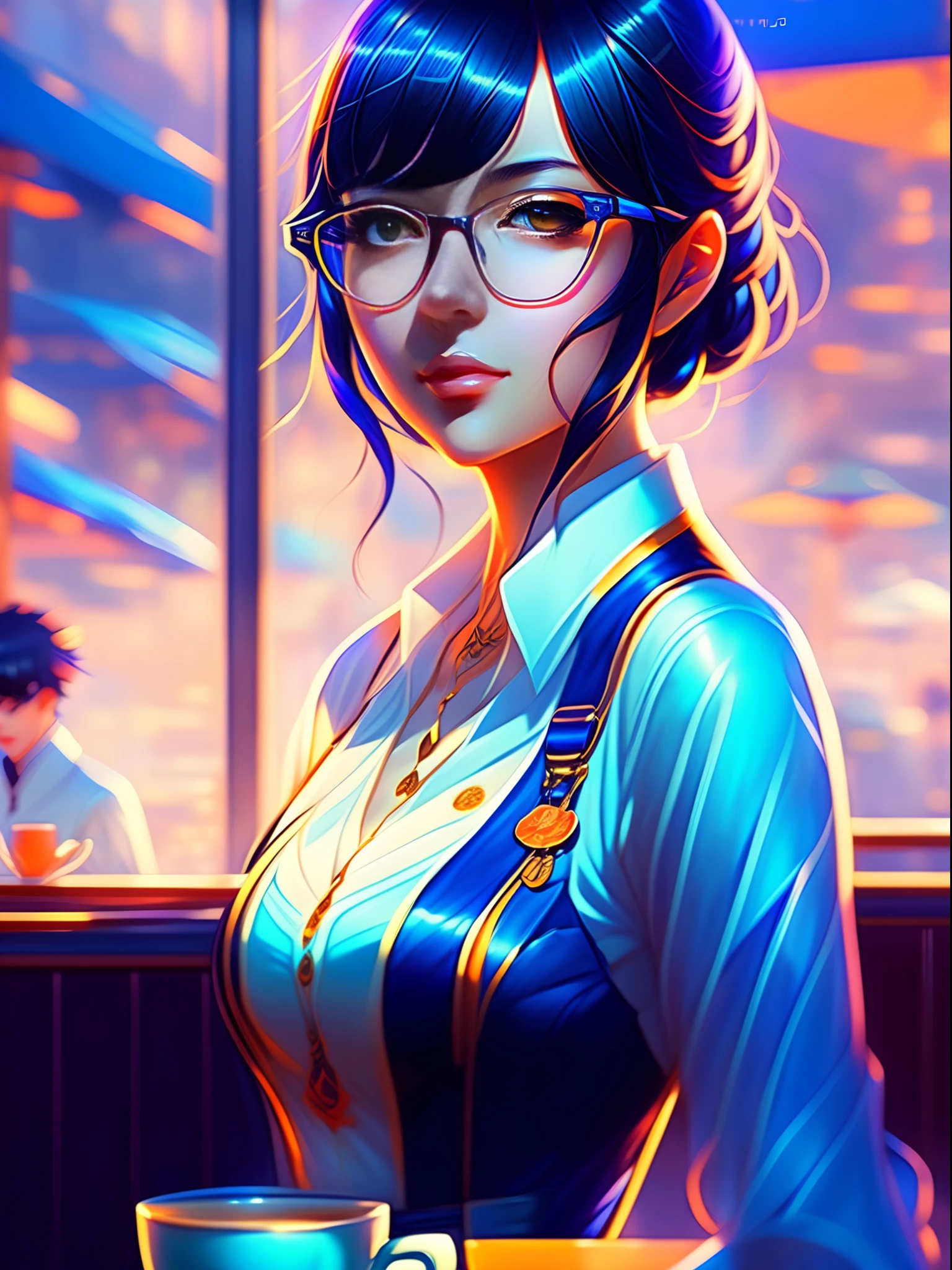 cute girl in blue dress black hair black wayfarer glasses sitting psychedelic patterns inside cafe holding cup of coffee with background by greg rutkowski makoto shinkai kyoto animation key art feminine mid shot, professional ominous concept art, by artgerm and greg rutkowski, an intricate, elegant, highly detailed digital painting, concept art, smooth, sharp focus, illustration,