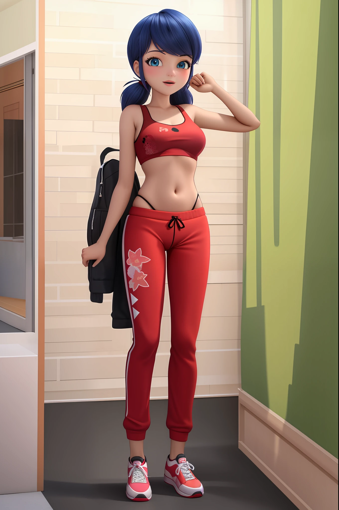 (masterpiece, best quality), (solo), 1girl, cute face, adult torso, red sports bra, ladybug patterned sweatpants, red tennis shoes medium sized breasts, full body, , standing, mature women