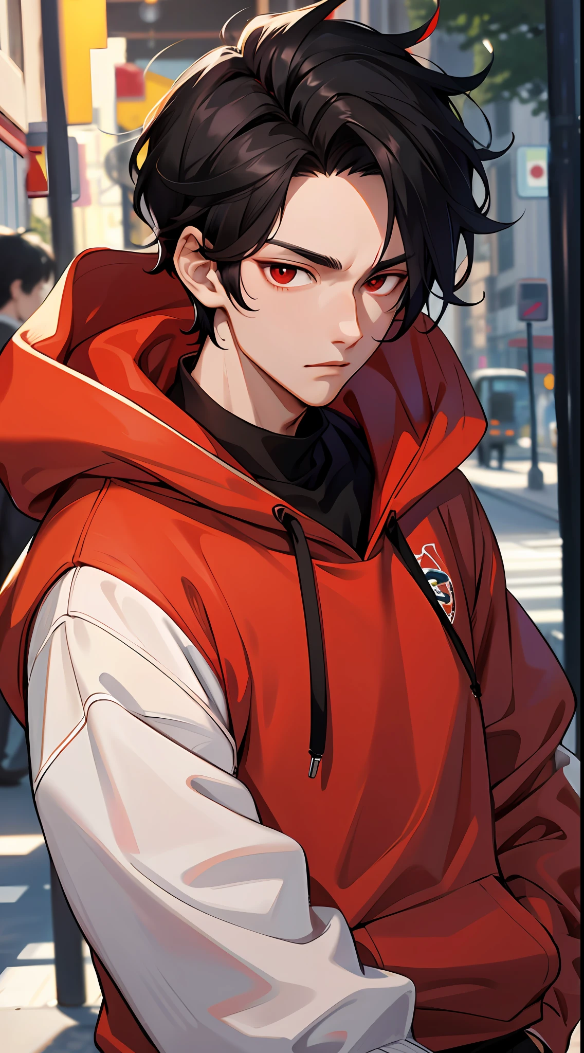 1 boy, handsome boy, black hair, comma hair, comma forehead hair, korean hair, street style, hoodie, bright, red eyes, looking at system screen, upper body