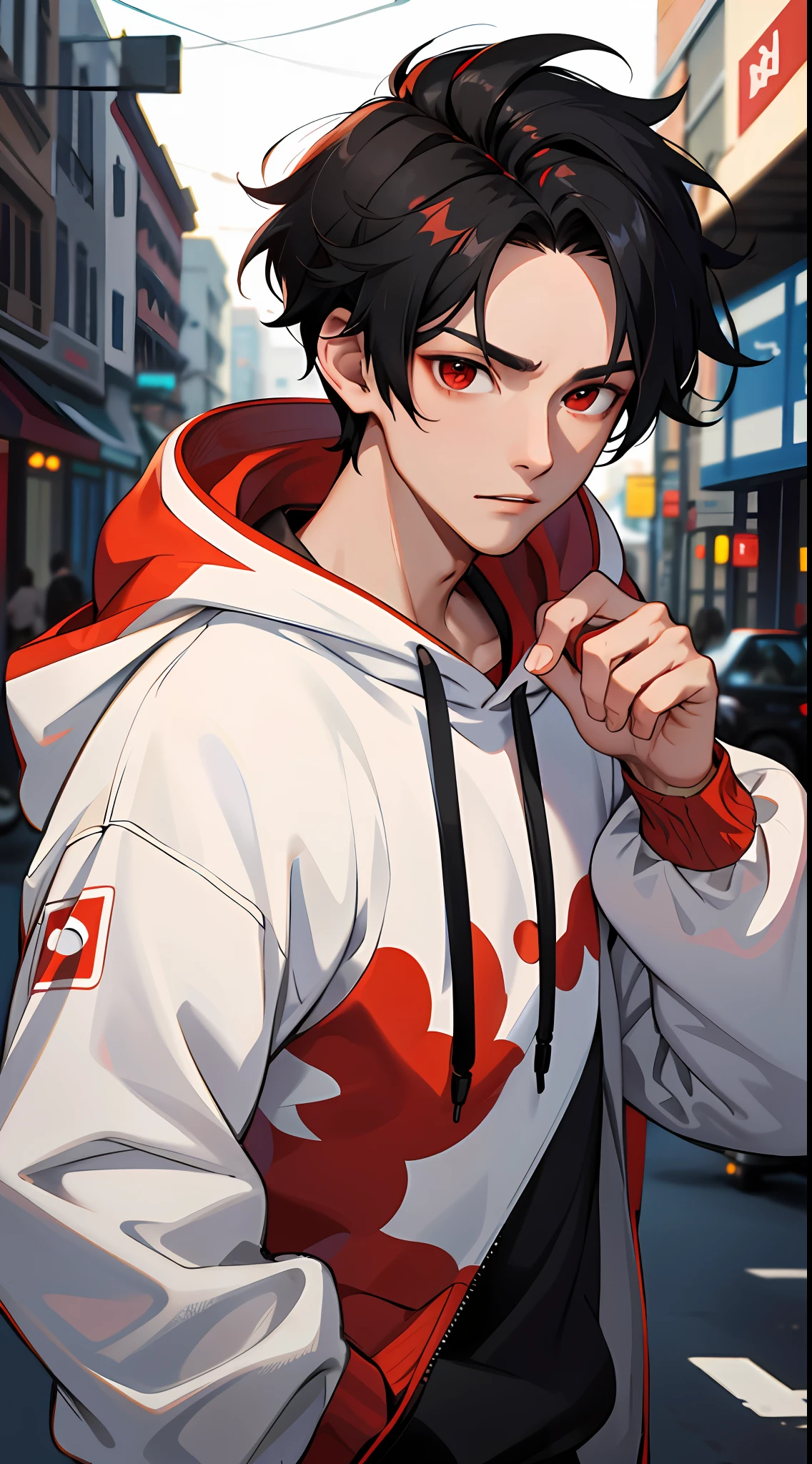 1 boy, handsome boy, black hair, comma hair, comma forehead hair, korean hair, street style, hoodie, bright, red eyes, looking at system screen, upper body