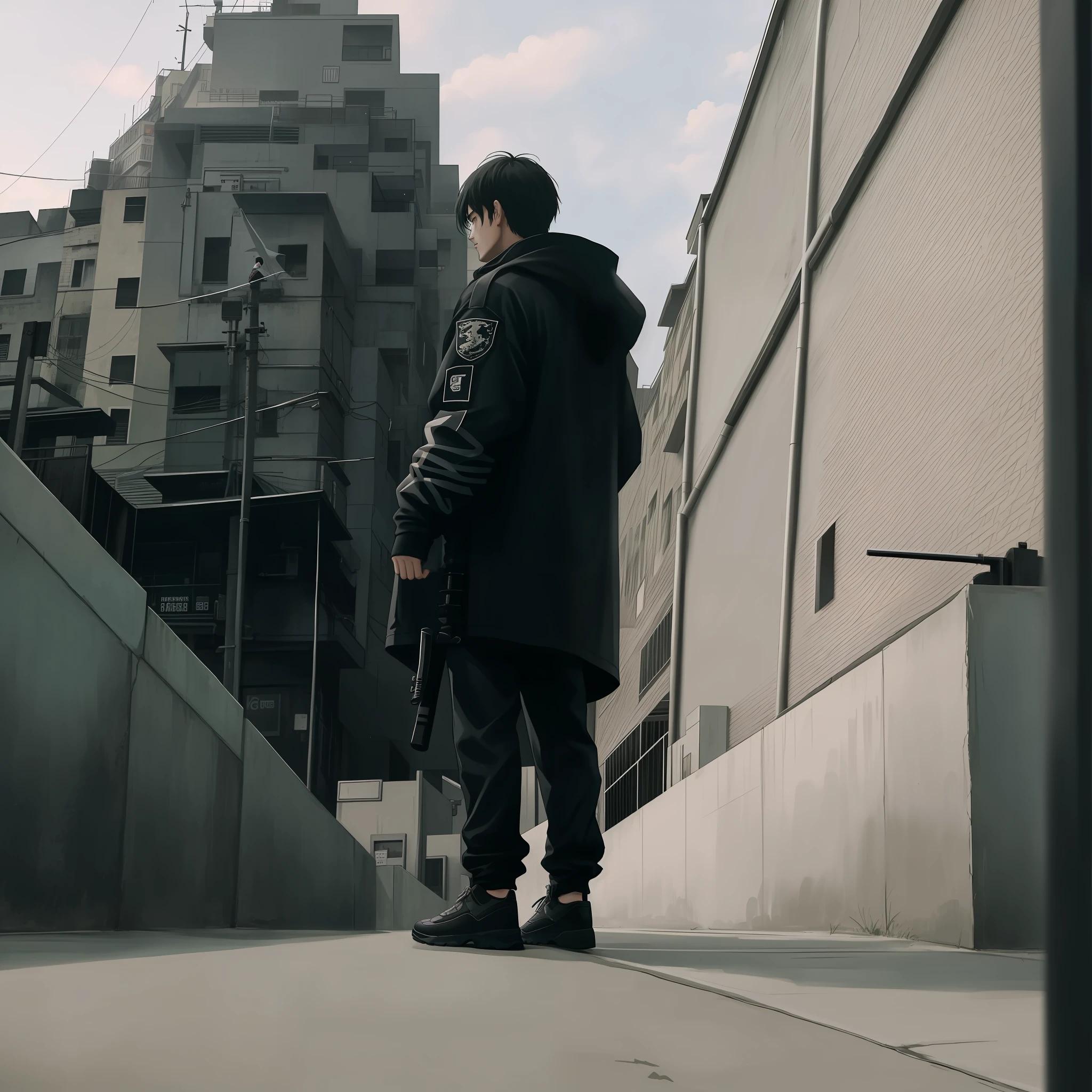 There's a man standing on a sidewalk talking on a cell phone, low-quality footage, still from a music video, grainy footage, cinematic low shot, low-quality video, low-quality grainy, cinematic shot AR 9:16 -n 6 -g, YouTube video screenshot, music video, sitting on the ground, distant-half-shot, faded. A sword on the back, with a dragon flying in the sky, techwear style, cyberpunk, anime.