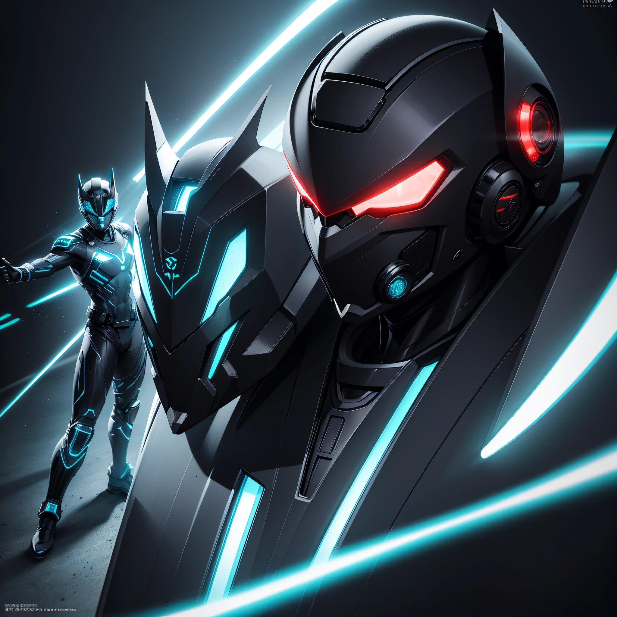 photo realistic of Black Power Ranger, tron, cyber neon belt, circuits, full body tech armor, ornate helmet, red goggles, covered face, centered in frame, full body camera, symmetrical face, ideal human, 85mm lens, f8, photography, ultra details, natural light, light background, photo, Studio lighting