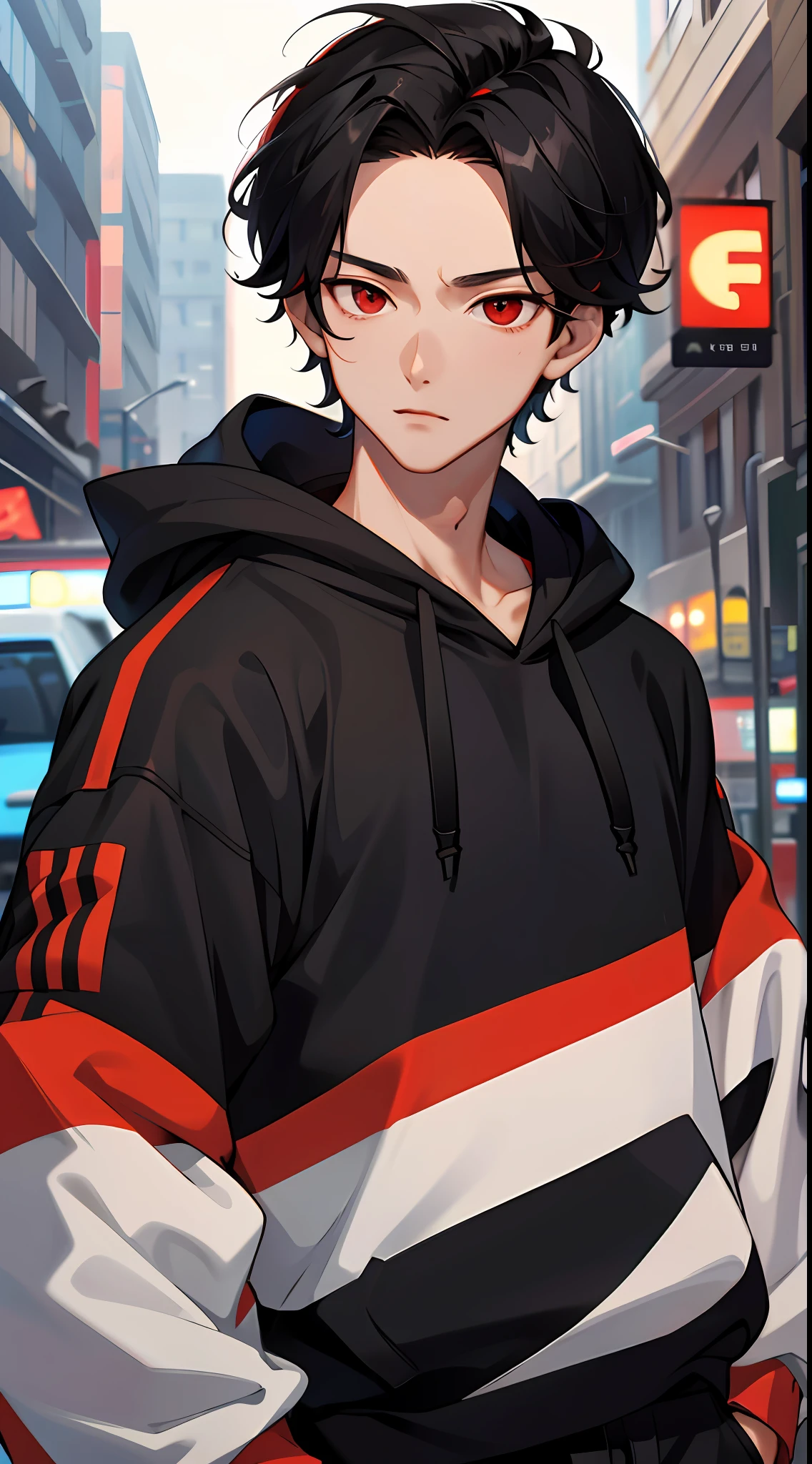 1 boy, handsome boy, black hair, comma hair, comma forehead hair, korean hair, street style, hoodie, bright, red eyes, looking at system screen, upper body