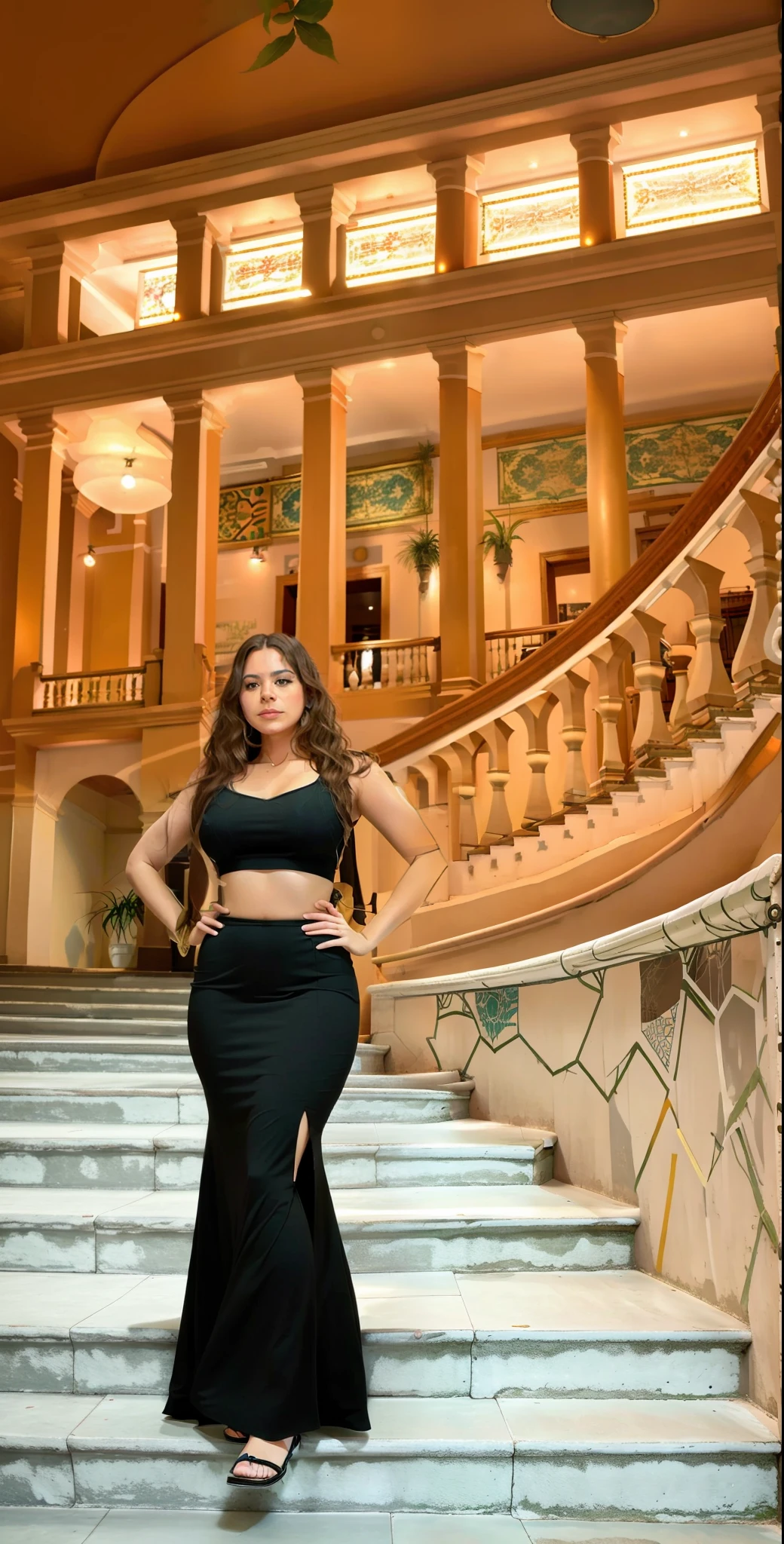 a woman in a black dress standing on a set of stairs, by Gina Pellón, profile picture, by Julia Pishtar, by Amelia Peláez, Lorena Avarez, by Miroslava Sviridova, 28-year-old woman from Cuba, photogenic full-body photo, by Briana Mora, alanis guillen. Behind the woman a historic theater of the Amazon, called Amazonas theater.