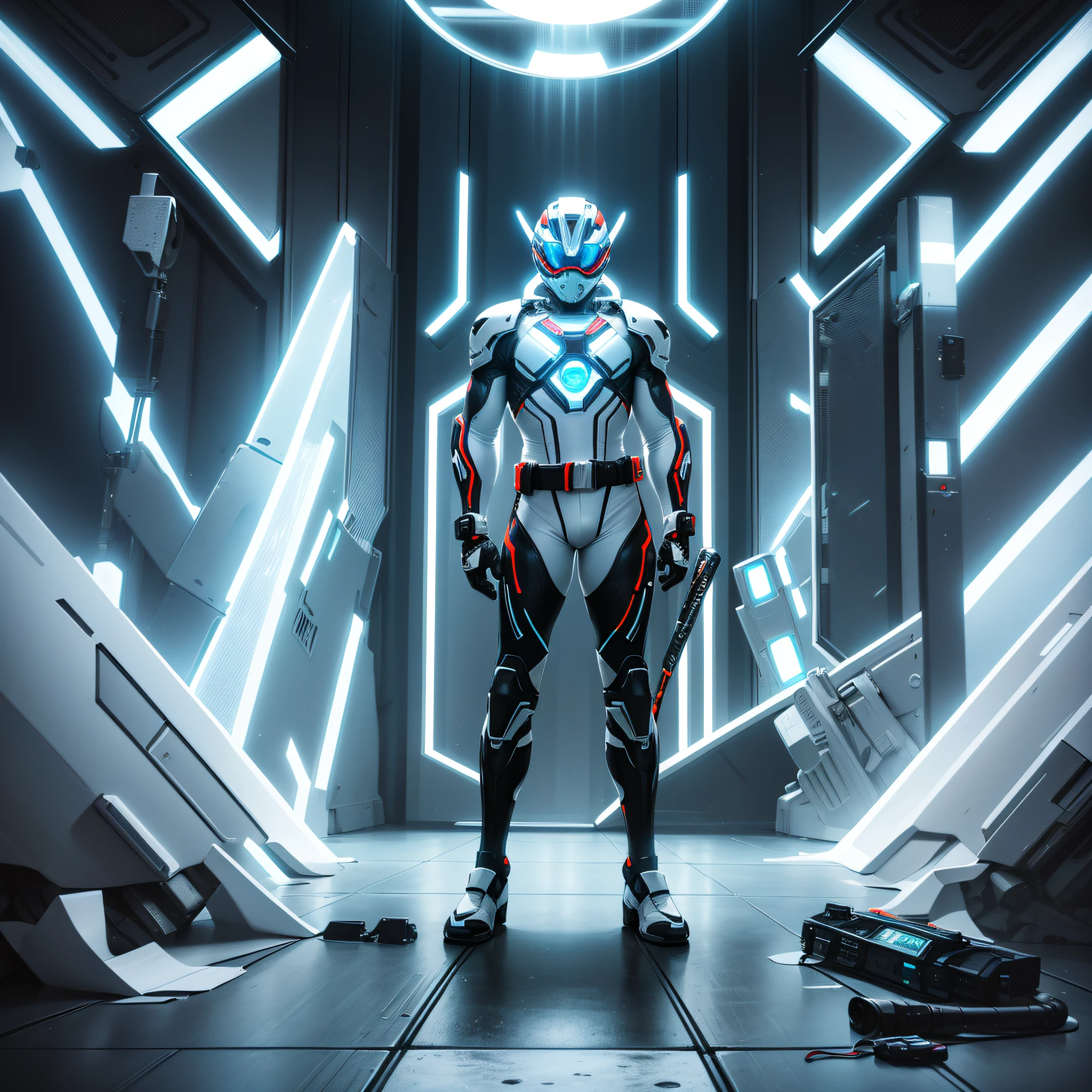 photo realistic of White Power Ranger, tron, cyber neon belt, circuits, full body tech armor, ornate helmet, red goggles, covered face, centered in frame, full body camera, symmetrical face, ideal human, 85mm lens, f8, photography, ultra details, natural light, light background, photo, Studio lighting