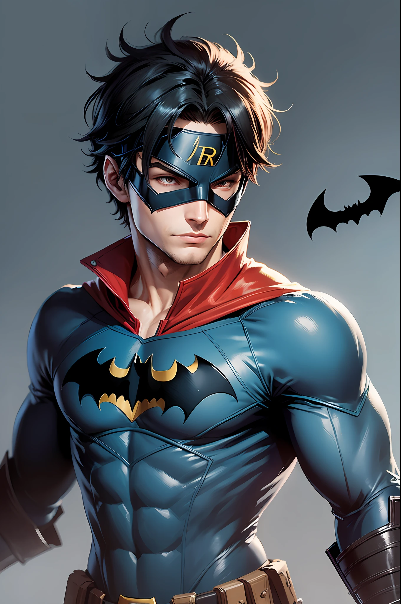 Robin wears the Batman symbol and a simple eye mask (son of Batman), smart, blue and red DC Comics style uniform, suspicious, rebellious, martial arts expert, friend of Robin son of Batman, 64k,