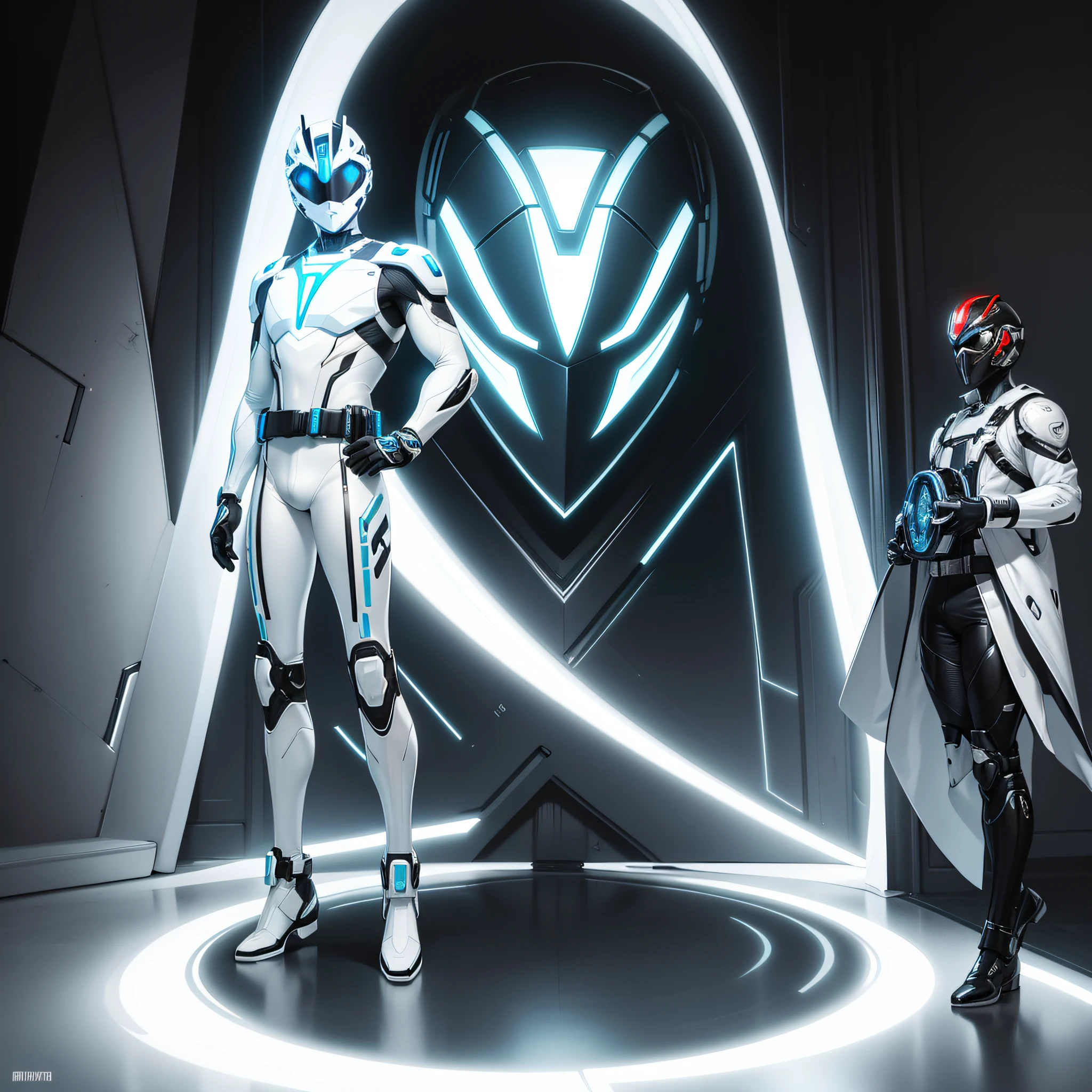photo realistic of White Power Ranger, tron, cyber neon belt, circuits, full body tech armor, ornate helmet, red goggles, covered face, centered in frame, full body camera, symmetrical face, ideal human, 85mm lens, f8, photography, ultra details, natural light, light background, photo, Studio lighting