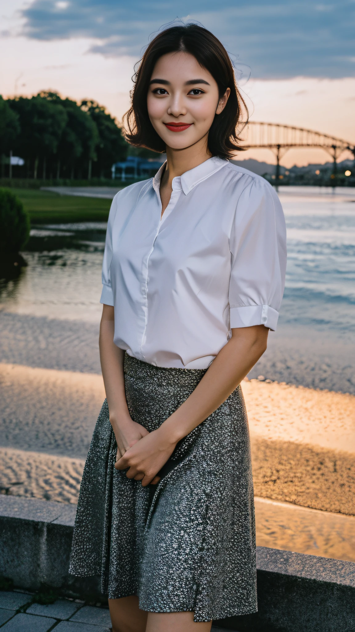 (8k, top quality, masterpiece: 1.2), (realistic, photorealistic: 1.37), super detailed, beauty, cute, solo, standing, (smile: 1.15), (closed mouth), black hair, fine beautiful eyes, big, white shirt, skirt, (short hair: 1.2), floating hair NovaFrogStyle, room without windows, background removed, night, no shadow, full body, smile, oblique face, Both arms are reflected, all heads are shown, people are cropped, faces are illuminated