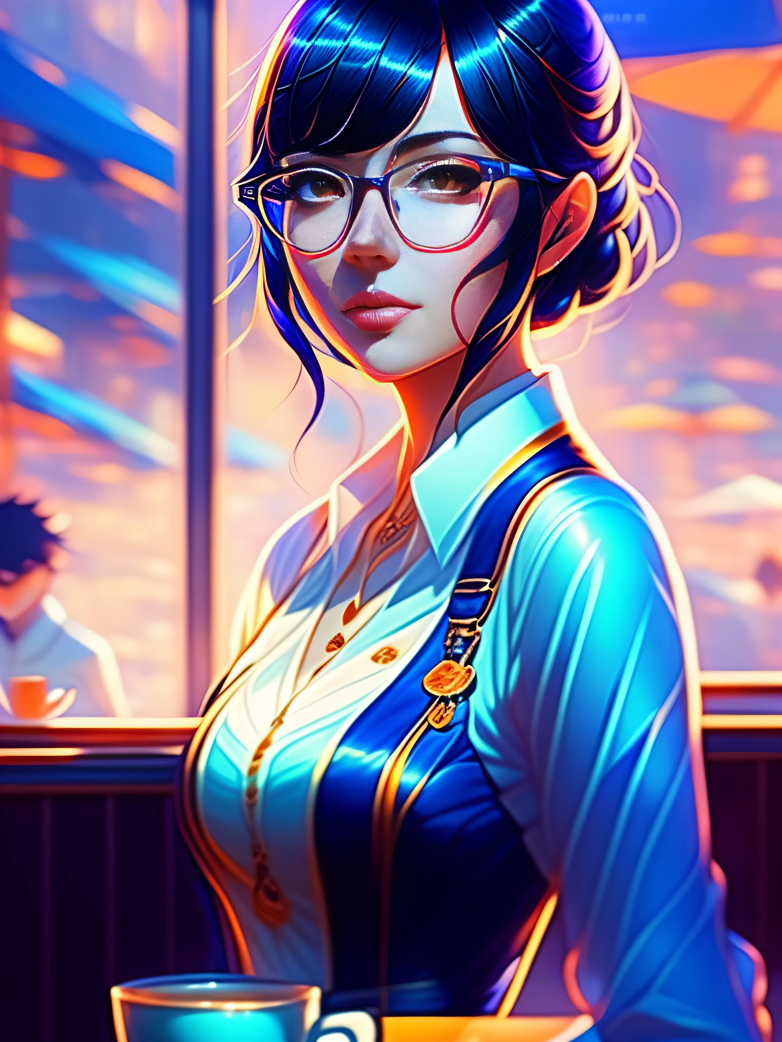 cute girl in blue dress black hair black wayfarer glasses sitting psychedelic patterns inside cafe holding cup of coffee with background by greg rutkowski makoto shinkai kyoto animation key art feminine mid shot, professional ominous concept art, by artgerm and greg rutkowski, an intricate, elegant, highly detailed digital painting, concept art, smooth, sharp focus, illustration,