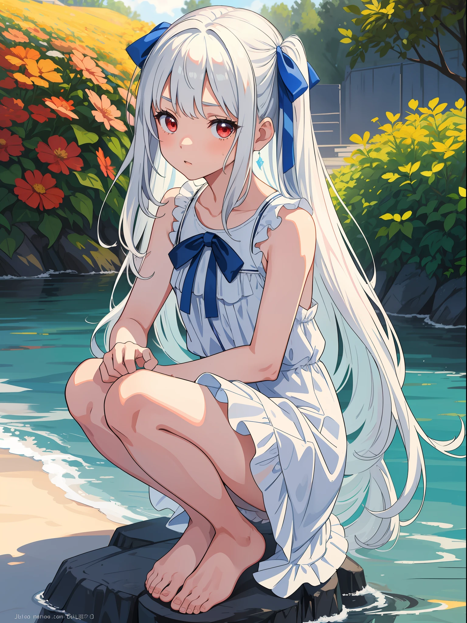 12 years old, junior high school student, solo, gentle girl, light blue sundress, bare shoulderes, white hair, ribbon, red eyes, model, summer, beautiful girl, long hair, sweat, cloudy, small squatting, barefoot, hiding,