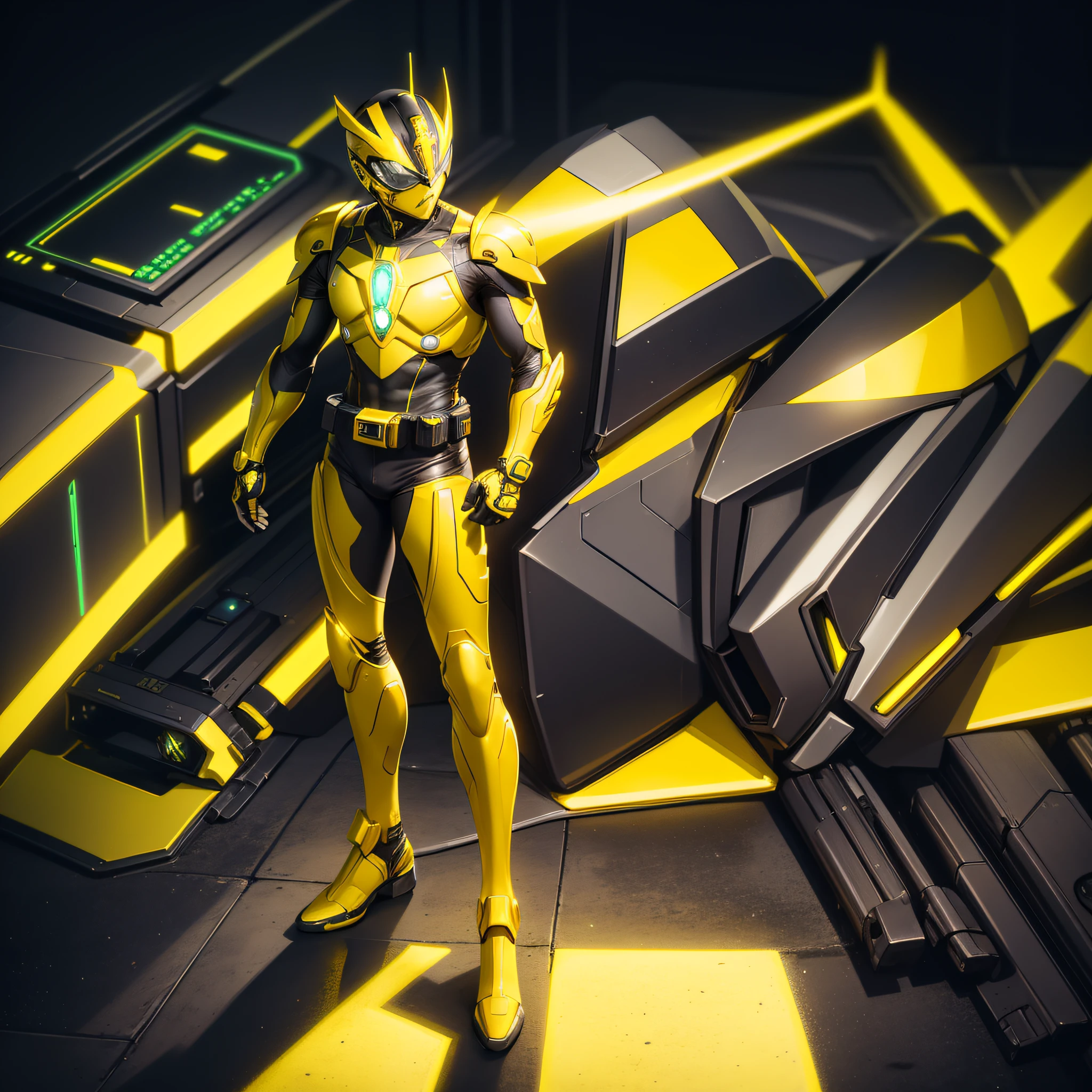 photo realistic of Yellow Power Ranger, tron, cyber neon belt, circuits, full body tech armor, ornate helmet, red goggles, covered face, centered in frame, full body camera, symmetrical face, ideal human, 85mm lens, f8, photography, ultra details, natural light, light background, photo, Studio lighting