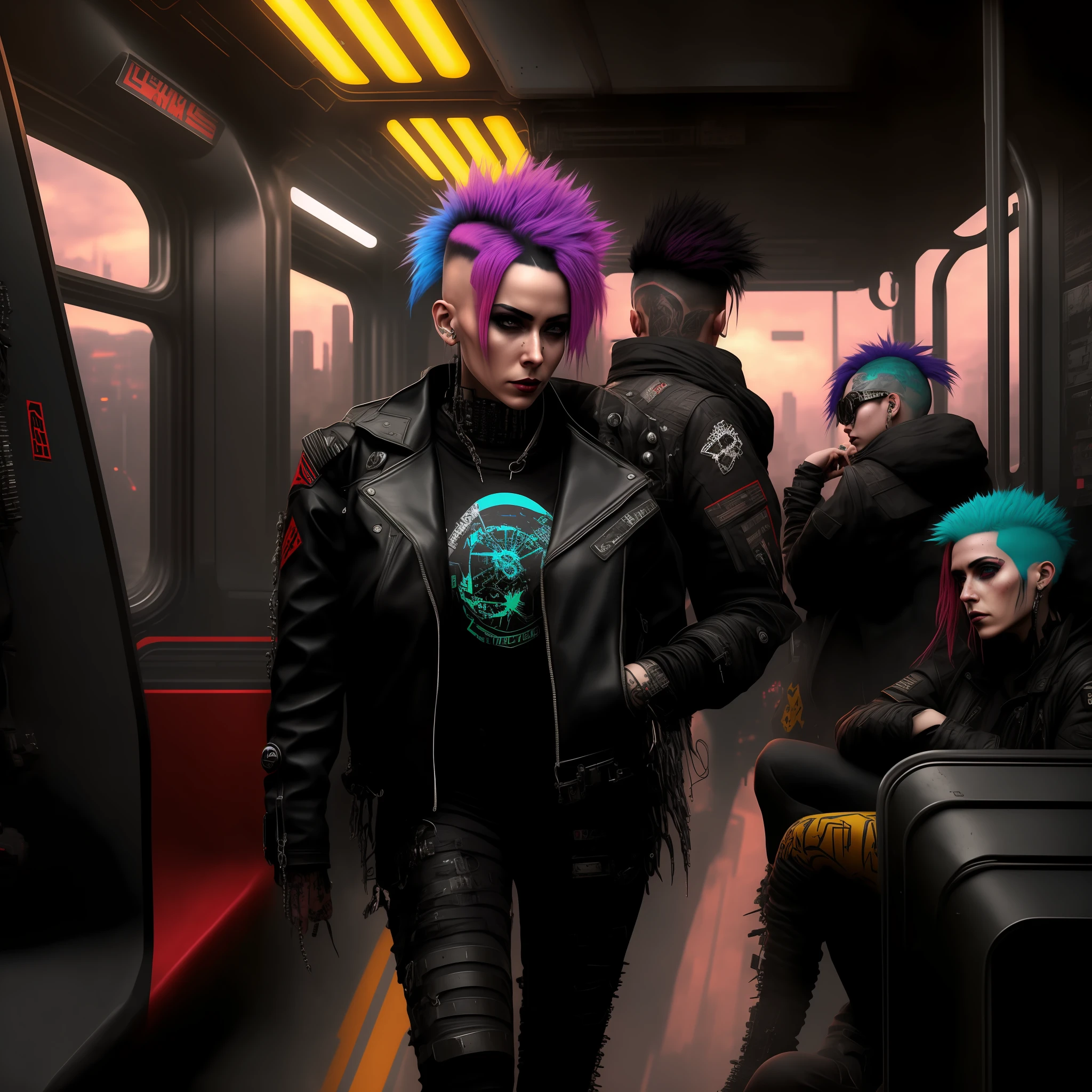 there are many people on a subway with punk hair, cyberpunk digital realistic art, digital cyberpunk - porter's art from movie 80, 2077, cyberpunk style, cyberpunk art style, hyper-realistic cyberpunk style, cyberpunk cinema art, sexy female cyberpunk girl, in cyberpunk city, cyberpunk anime girl, cyberpunk streetwear, modern cyberpunk movie, cyberpunk anime art, cyberpunk art style, Cyberpunk style, has cyberpunk style, sunset, sun through the window, sunshine, short punk leather jacket, women's short leather jacket, female biker style jacket, punk belly out jacket, antifascist flag, antifascism, punk with an antifa flag, antifascist red and black flag, mad max realism, mad max movie, antifascist poterto.