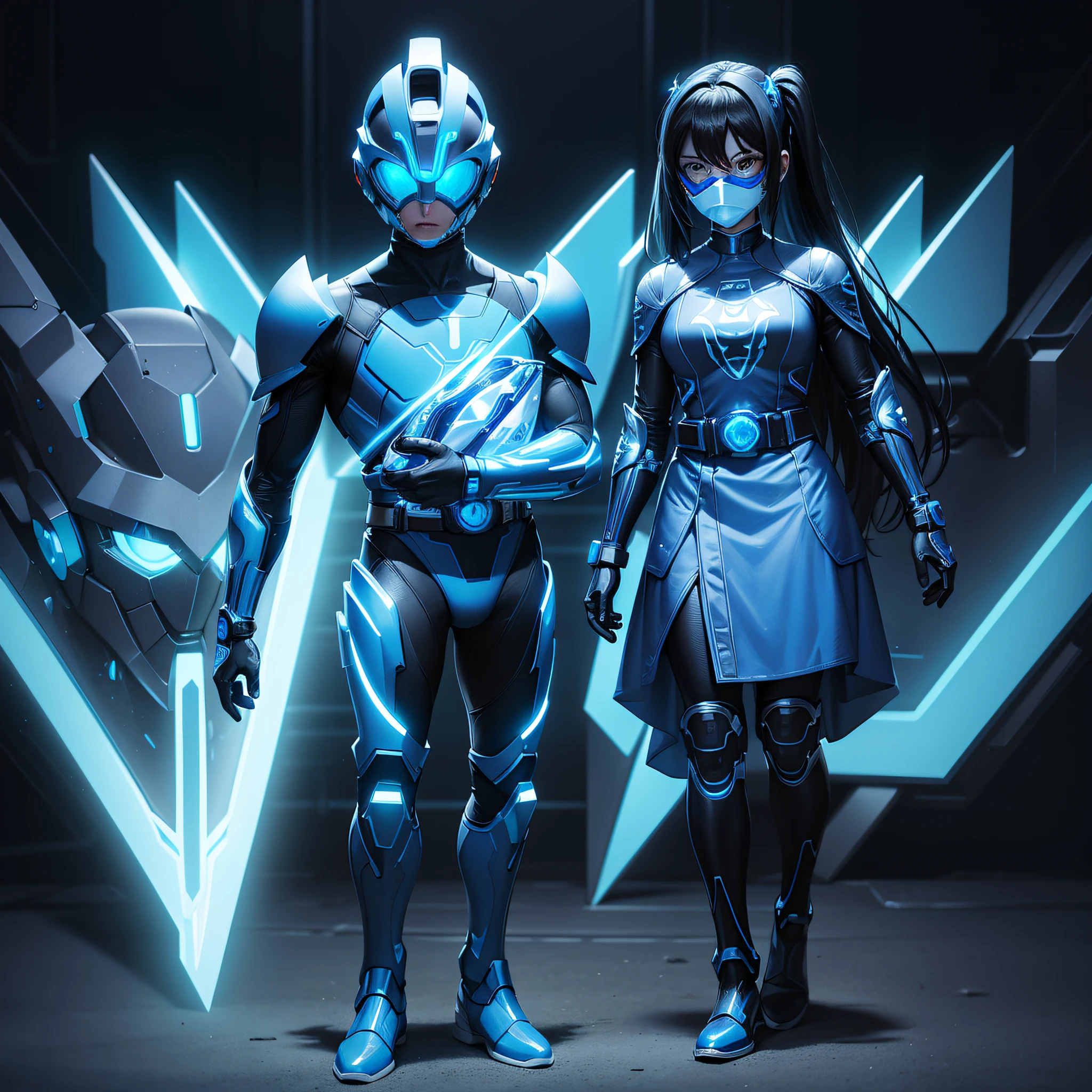 photo realistic of Blue Power Ranger, tron, cyber neon belt, circuits, full body tech armor, ornate helmet, red goggles, covered face, centered in frame, full body camera, symmetrical face, ideal human, 85mm lens, f8, photography, ultra details, natural light, light background, photo, Studio lighting