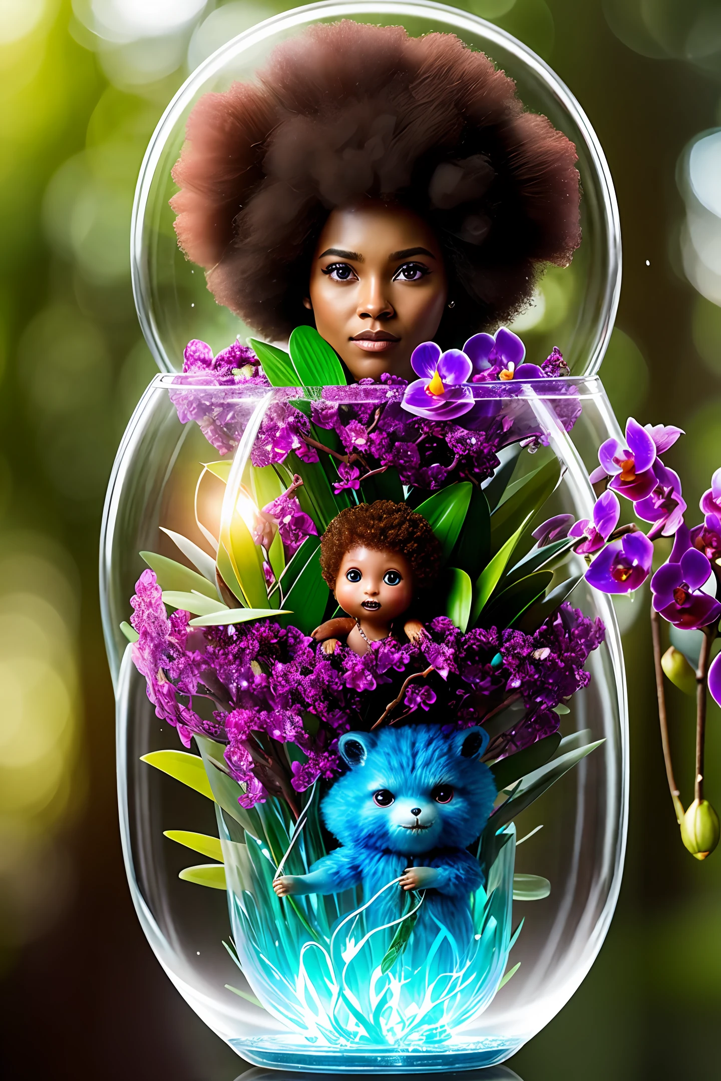 Young Groot Guardians of the Galaxy Full Body with Afro Hair
Inside a glass capsule (with bird-shaped orchids)
Rain with lightning