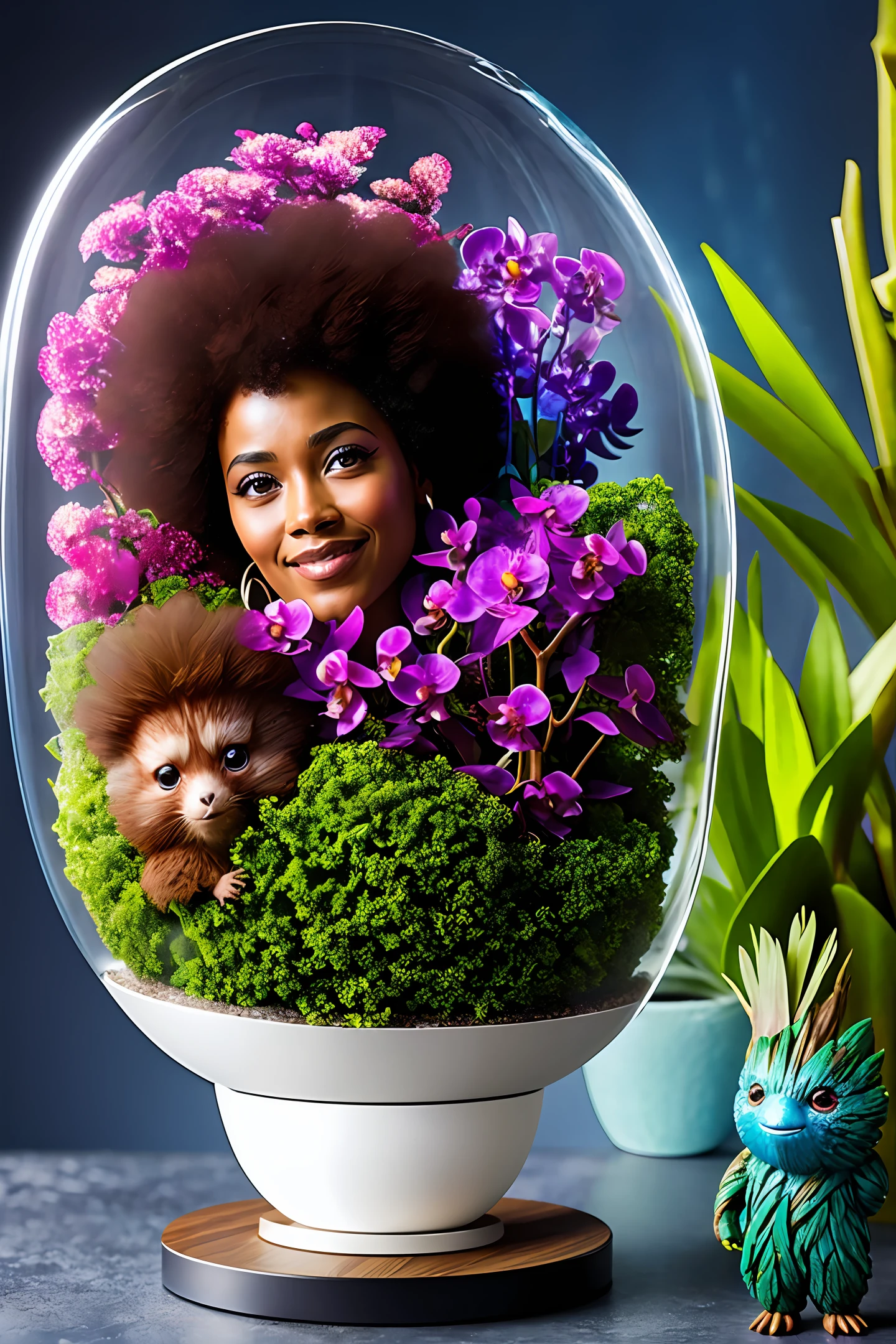 Young Groot Guardians of the Galaxy Full Body with Afro Hair
Inside a glass capsule (with bird-shaped orchids)
Rain with lightning