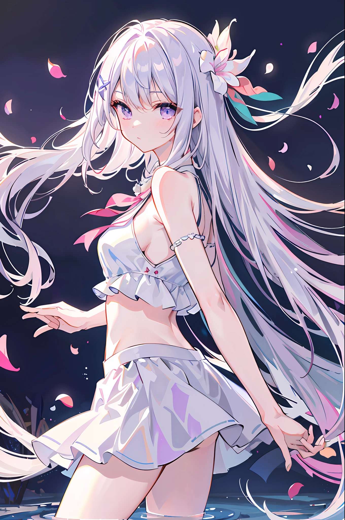 (Highest picture quality), (Master's work),(Detailed eyes description),(Detailed face description)(back view), 1girl,purple eyes, white hair,(very long hair),very long hair (floating in the wind), back-view, looking back, hair ornament, flower hair ornament, ribbon, crop top, white skirt, soaked shirt, water shirt, garter belt, slight exposed navel, visible shoulders, blush, pond, petals (lens flare), walking on pond, water reflection, pond, cleavage, medium breast, aurora sky, night sky, galaxy sky, horizon, mountains, forest, moon, (cover-style:1.3), fashionable, woman, vibrant, swimwear outfit, posing, front, colorful, dynamic, background, elements, shy, expression, holding, statement, accessory, majestic, coiled, around, touch, scene, attention-grabbing, catchy, modern, trendy, focus, fashion, realistic lighting, extreme blushing