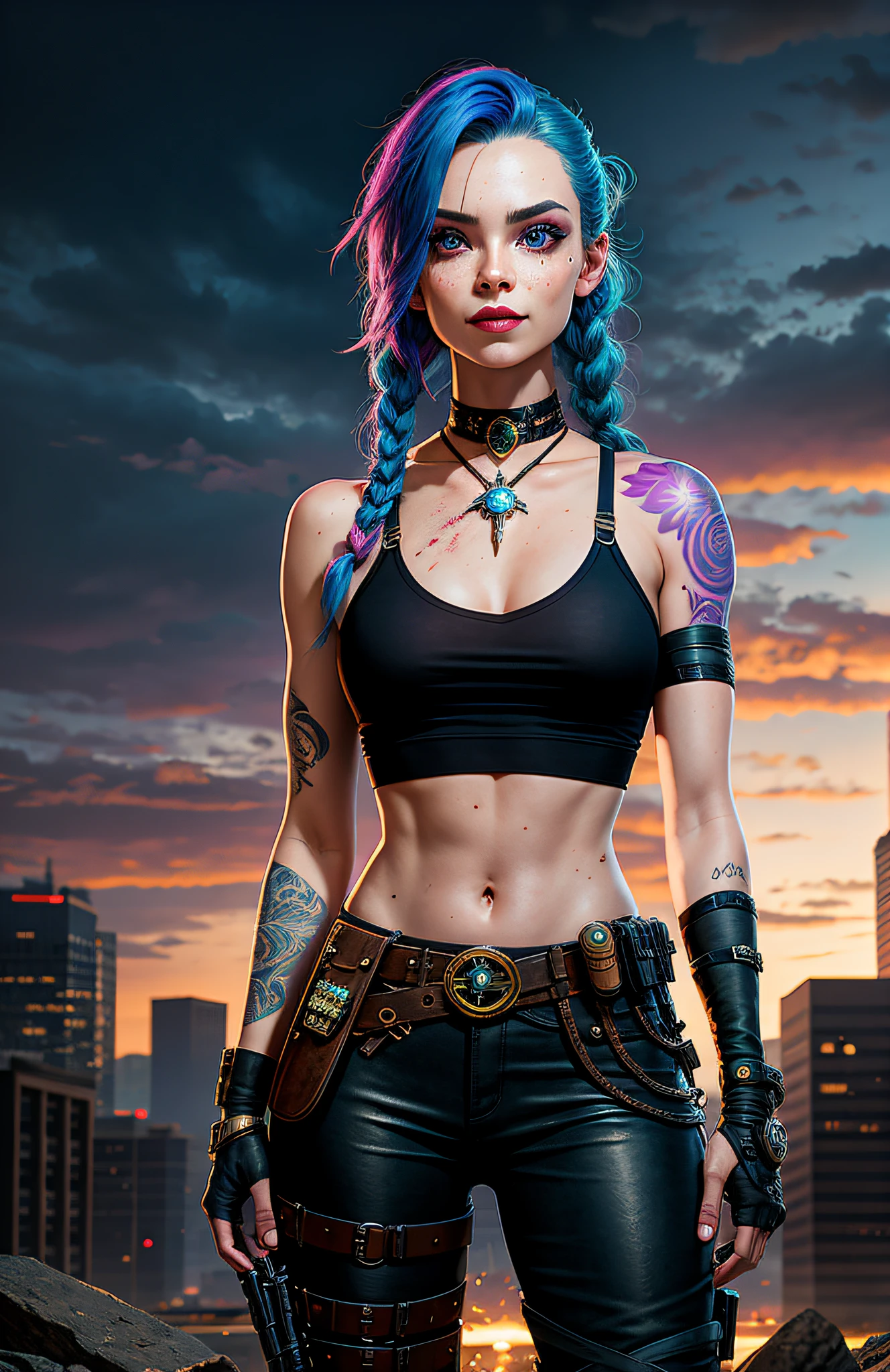 ((Best quality)), ((masterpiece)), (highly detailed:1.3), colorwave, polygeometry, photobash, ( jinx \(league of legends\) ), (1girl), long teal hair with braids, braid, [[side profile]], (red sky), portrait, (realistic: 0.8 ), violet eyes, tears, leather gloves, hair over one eye, (looking at you), wind, sad, button nose, V-shaped eyebrows, blurry foreground, 1girl, black sports bra, dirt,  (oozing makeup), upper body, [freckles], blood moon, bags under eyes, night sky background, sitting, chromatic freak, clouds,Jinx Lol face, ultra realistic detail JinxLol face, Jinx - League of Legends, bright, face focus, portrait, crazy, insanity, bright pink eyes, arcane style, 1girl, arm tattoo, asymmetrical bangs, bangs, blue hair, braid,  brown shirt, cloud tattoo, looking at the viewer, laughing, crazy, uncontrollable laughter, crazy look, night, city, blue hair, long hair, belly, pink eyes, red lips wine, shirt, solo, standing, tattoo, twin braids, upper body, \(alloy of legends\), ammunition belt, military style boots, knee-length pants with vertical wine and black stripes,  punk, post-apocalyptic city background, JinxLol, midriff, bare shoulders, gun, short top, belt, post-city-apocalyptic background, dark citadel background. HDR (High Dynamic Range), Ray Tracing, NVIDIA RTX, Super-Resolution, Unreal 5, Subsurface Scattering, PBR Texturing, Post-processing, Anisotropic Filtering, Depth of Field, Maximum Clarity and Sharpness, Very detailed textures,