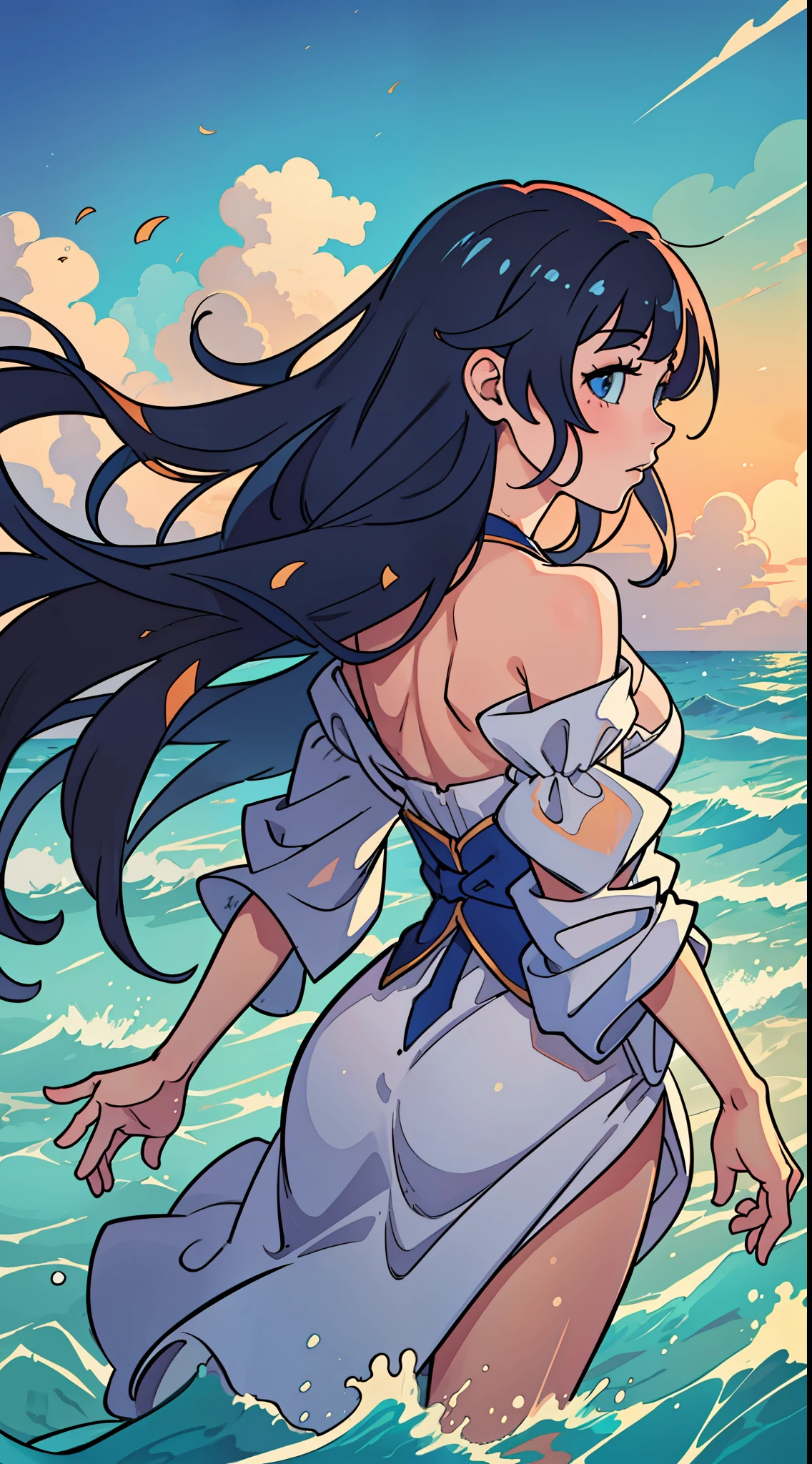 (extremely detailed CG unity 8k wallpaper,masterpiece), realistic hand details, vestido longo, splash art style, high wind, dreamy romance, standing on a beach,vibrant ocean waves[contains: "sense of", "S2"], breathtaking view, fantasy-like