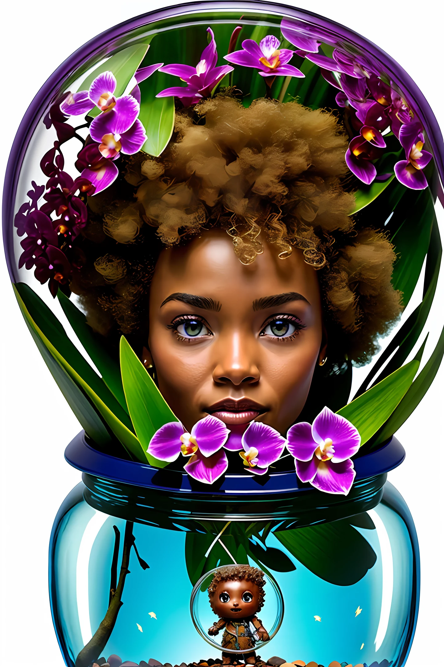 Young Groot Guardians of the Galaxy Full Body with Afro Hair 
Inside a glass jar (with orchids shaped like birds)
Raining with lightning