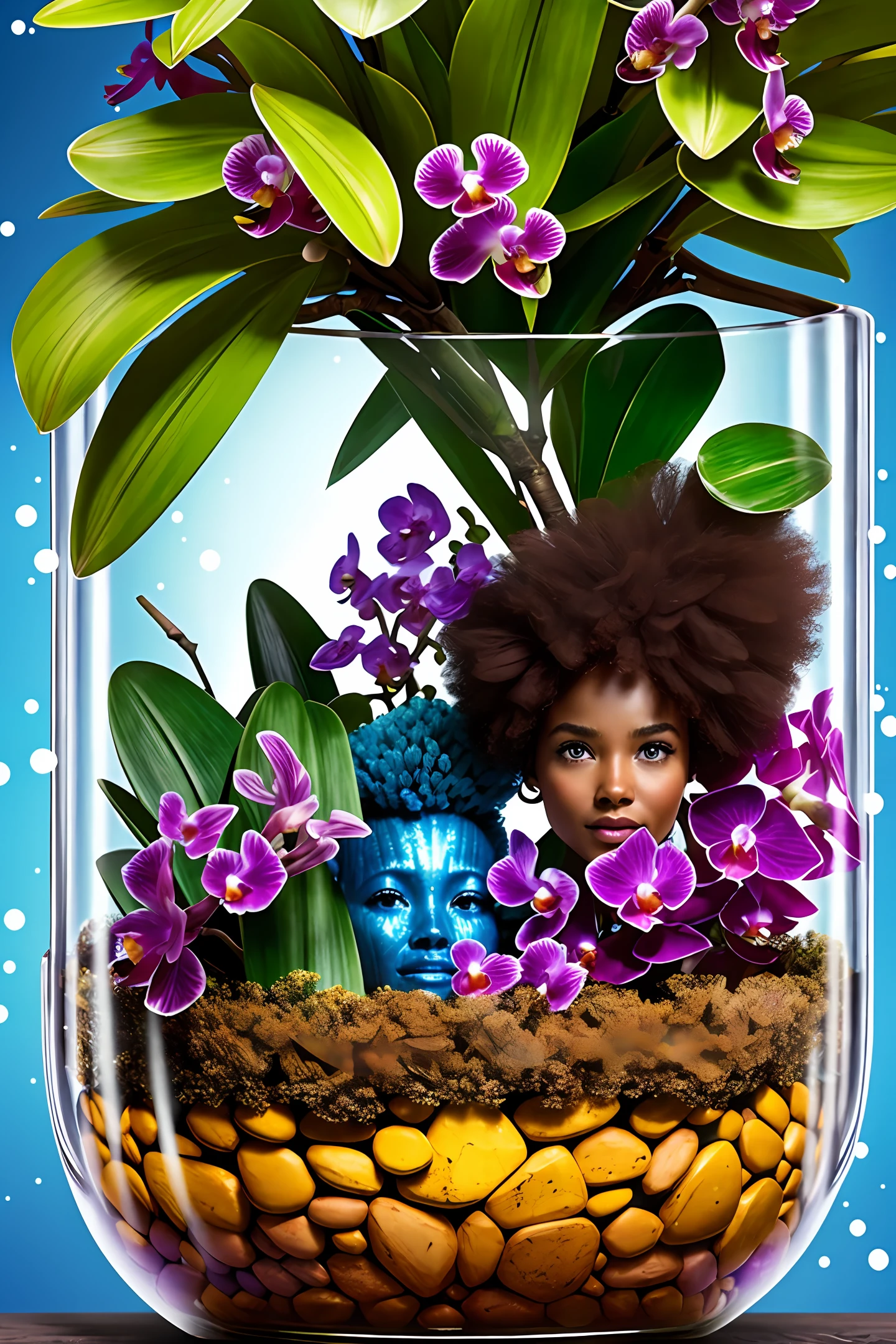 Young Groot Guardians of the Galaxy Full Body with Afro Hair
Inside a glass jar (with orchids shaped like birds)
Raining with lightning