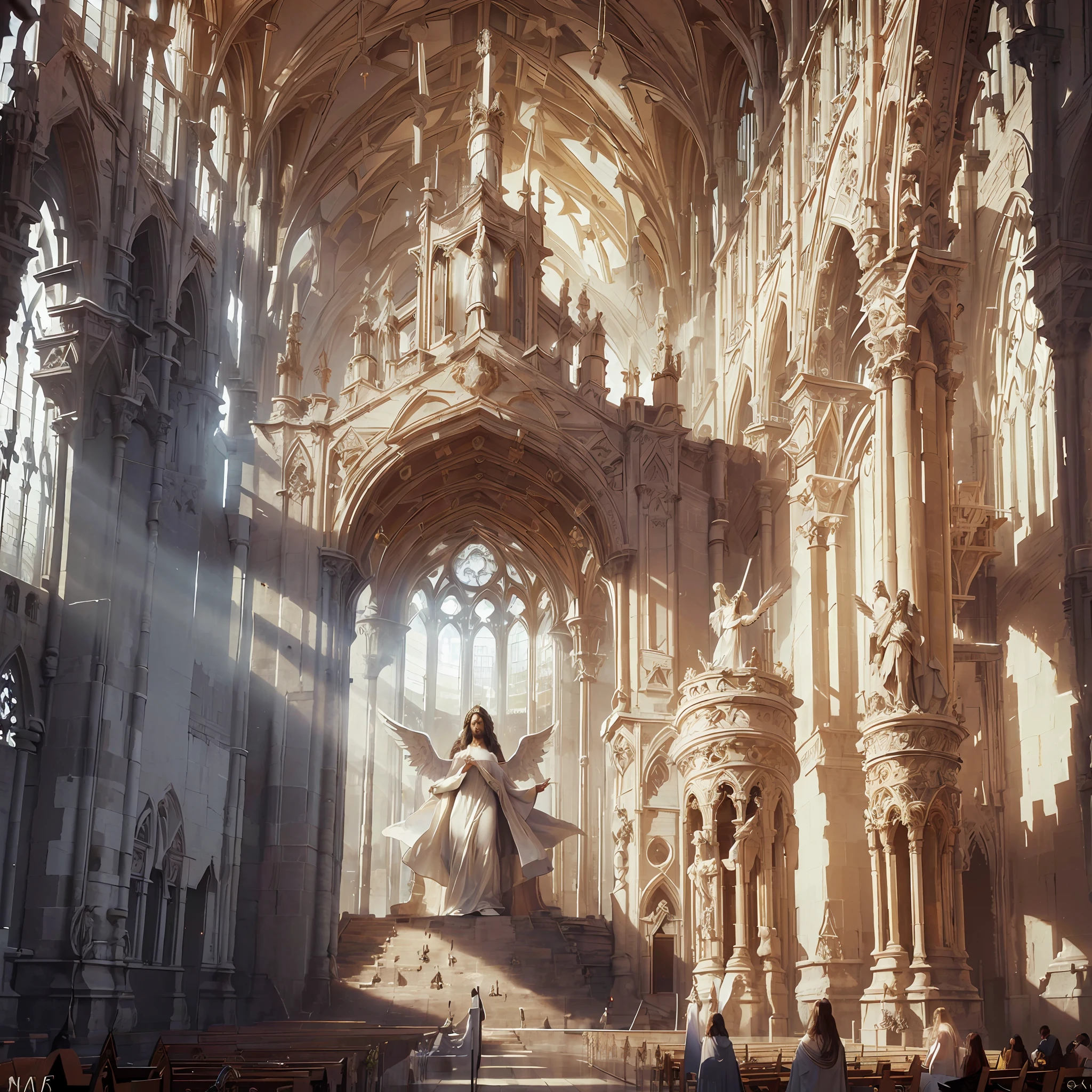 Inner part of a cathedral, with images of angels God, Jesus Christ in human form, glittering white linen dress, surreal divine environment, 16k, glory, divine splendor, realism, --auto --s2