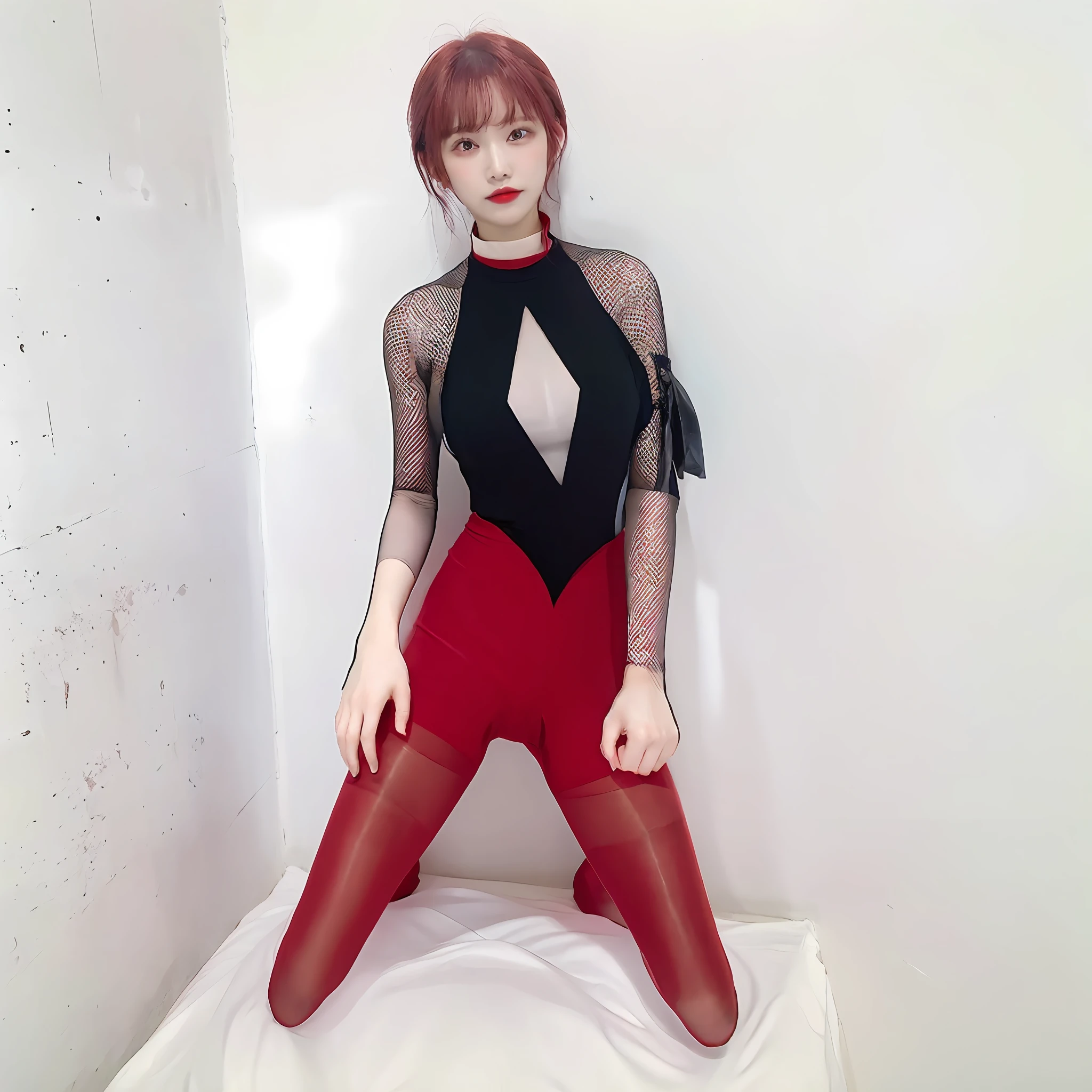 Red hair, black tights, sitting on white cotton sheets, looking at viewer, concrete wall