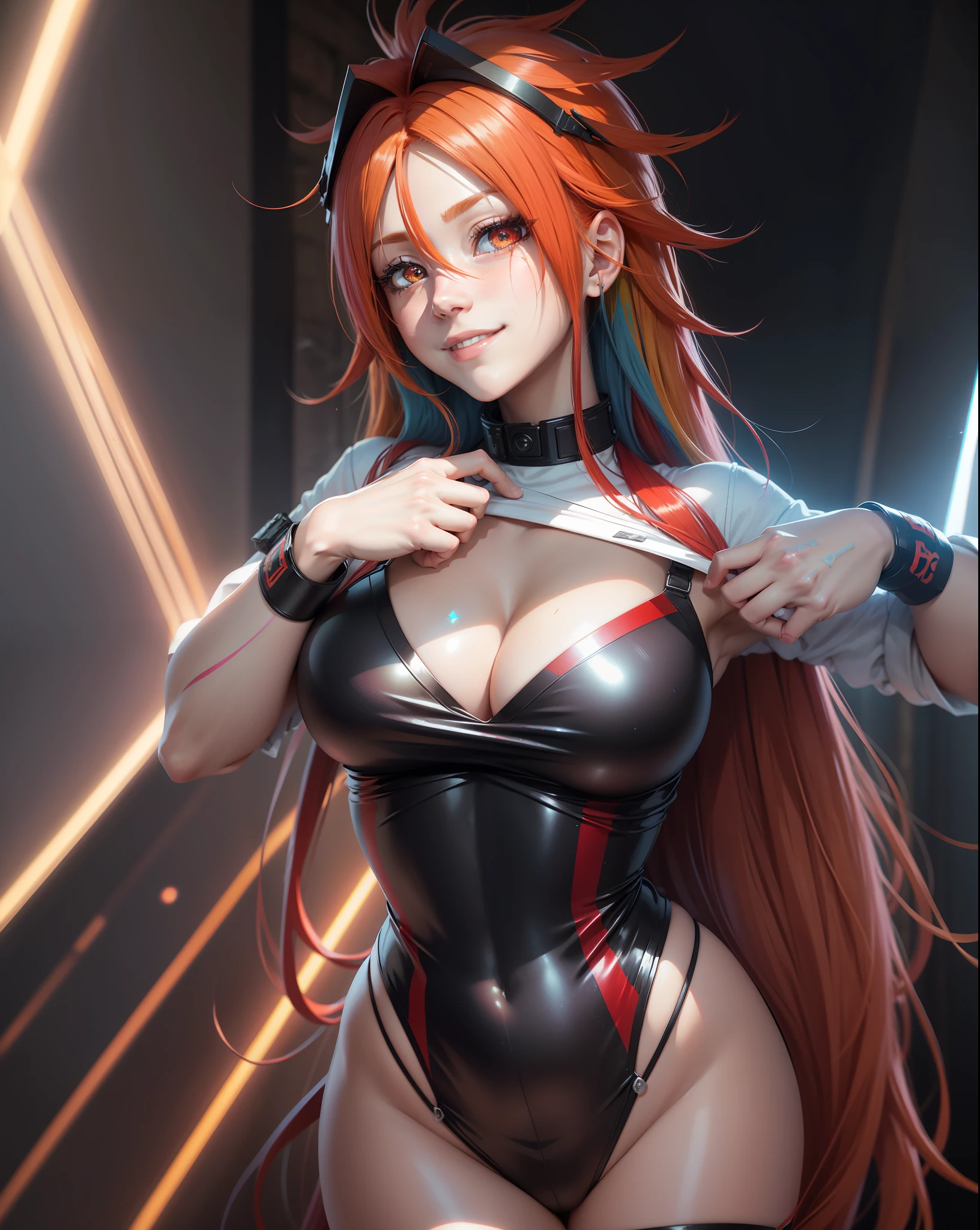 multicolored hair, red hair, multicolored eyes, mismatched pupils, smile, high detail, high detail, anime, anime style, sparkle, glowing light, god rays, ray tracing, backlighting, UHD, UHD, UHD, masterpiece, super detail, high details, high quality, award winning