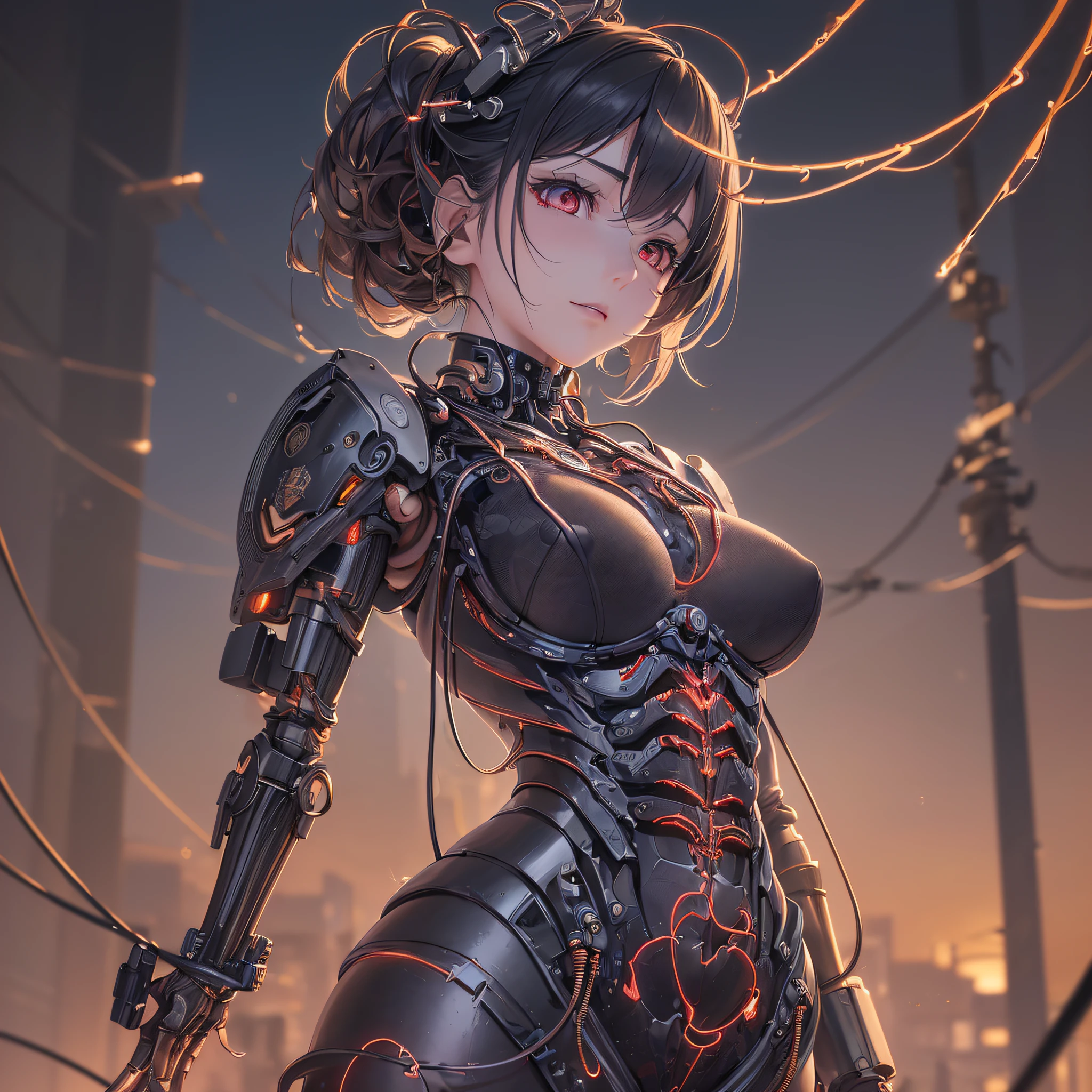 (((masterpiece))), (((best quality))), ((ultra-detailed)), (((highly detailed CG illustration)), ((an extremely delicate and beautiful one)), cinematic light,((1Police girl)), solo, whole body, dark mechanical body, (machine-made joints:1. 2),((mechanical limbs)),(blood vessels connected to tubes),(mechanical vertebra attached to the back),((mechanical cervical attached to the neck)),expressionless,(wires and cables attached to the neck:1.2),(wires and cables on the head:1.2), holding a katana, deep red eyes, darkfantasy,science fiction,extreme detailed,colorful,highest detailed, loongs,fengs,dark background --auto --s2