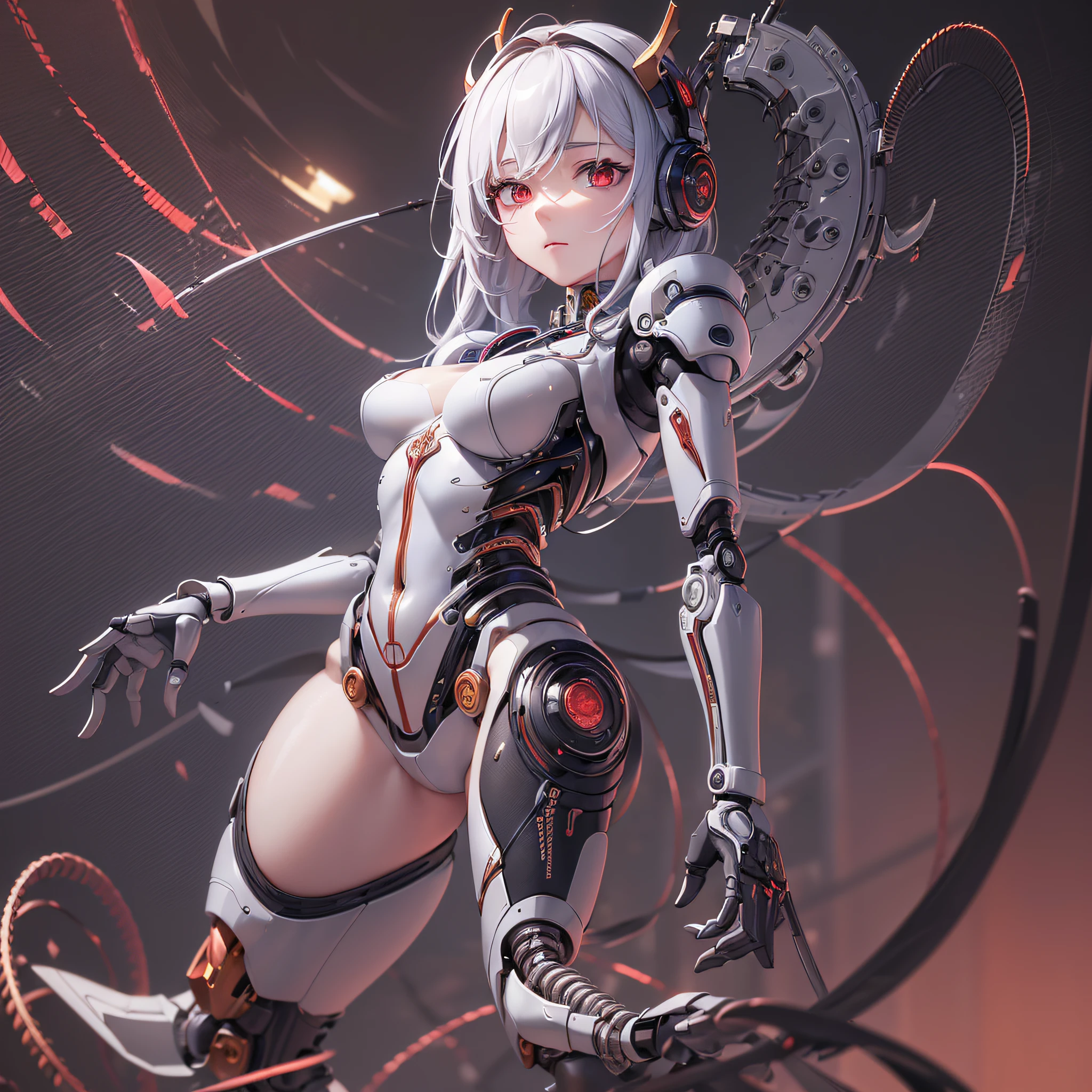 (((masterpiece))), (((best quality))), ((ultra-detailed)), (highly detailed CG illustration), ((an extremely delicate and beautiful)),cinematic light,((1Police officer girl)),solo, full body, dark mechanical body, (machine made joints:1.2),((machanical limbs)),(blood vessels connected to tubes),(mechanical vertebra attaching to back),((mechanical cervial attaching to neck)),expressionless,(wires and cables attaching to neck:1.2),(wires and cables on head:1.2), Deep red eyes, Darkfantasy,science fiction,extreme detailed,colorful,highest detailed, loongs,fengs,dark background --auto --s2