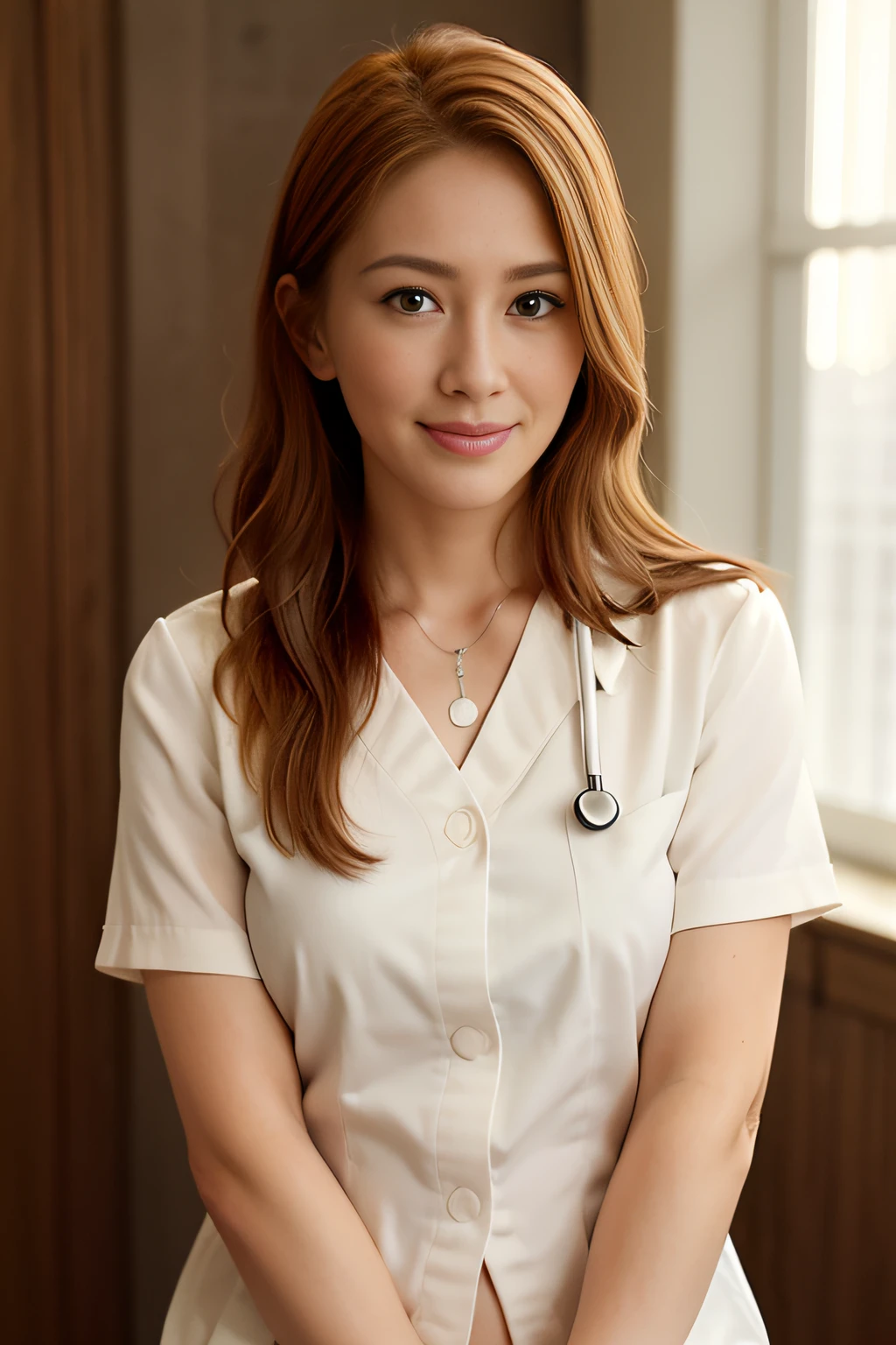 long blonde hair, light brown eyes, young woman, doctor, slender, cute, innocent,  (photorealistic, lens flare:1.4), look at viewer,  facing viewer, (shiny skin), dreamlike,  doctor, uniform, (intricate details:1.2),(masterpiece, :1.3),(best quality:1.4), (ultra highres:1.2), cinema light, ultra high res, (detailed eyes), (detailed facial features), HDR, 8k resolution, full body, hospital, (Stethoscope: 1.6)