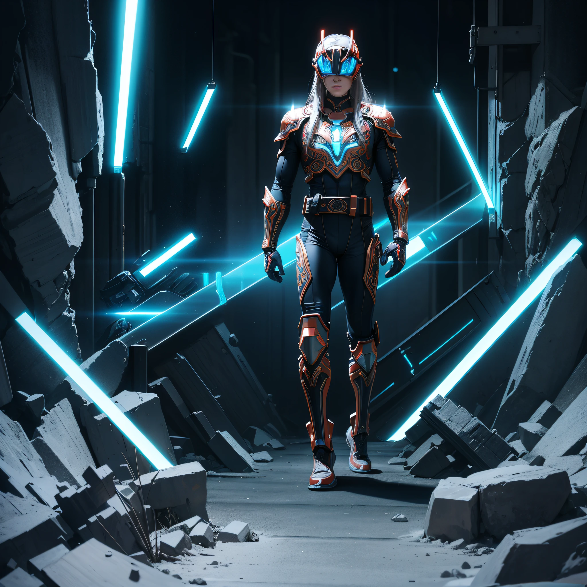 photo realistic of viking Power Ranger, tron, cyber neon belt, circuits, full body tech armor, ornate helmet, red goggles, covered face, centered in frame, full body camera, symmetrical face, ideal human, 85mm lens, f8, photography, ultra details, natural light, light background, photo, Studio lighting